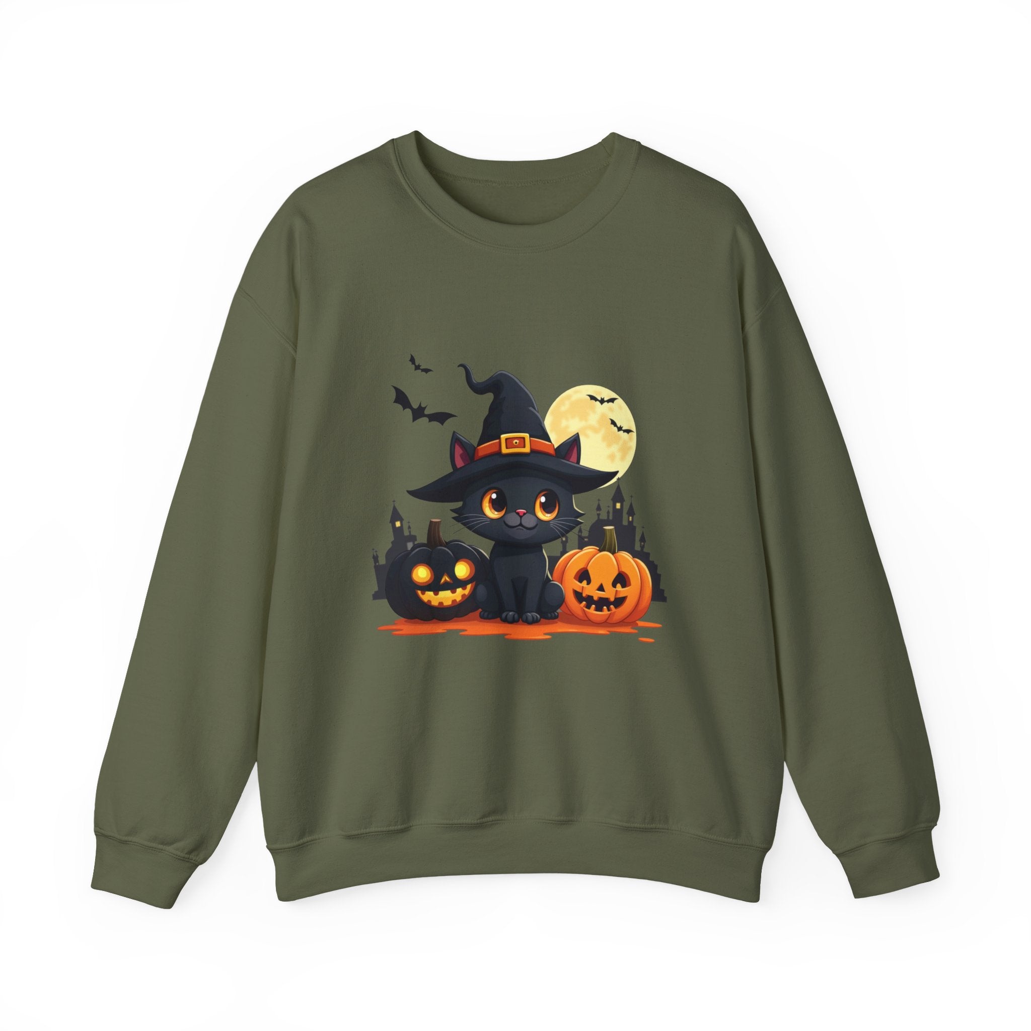 Military green sweatshirt with Halloween-themed design featuring a black cat, pumpkins, and a full moon on a white background.