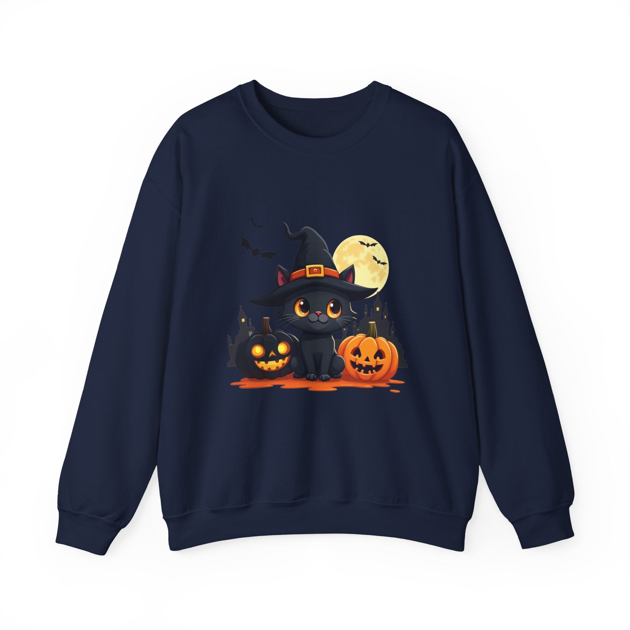 Navy blue sweatshirt with Halloween design featuring a black cat, pumpkins, and a full moon.