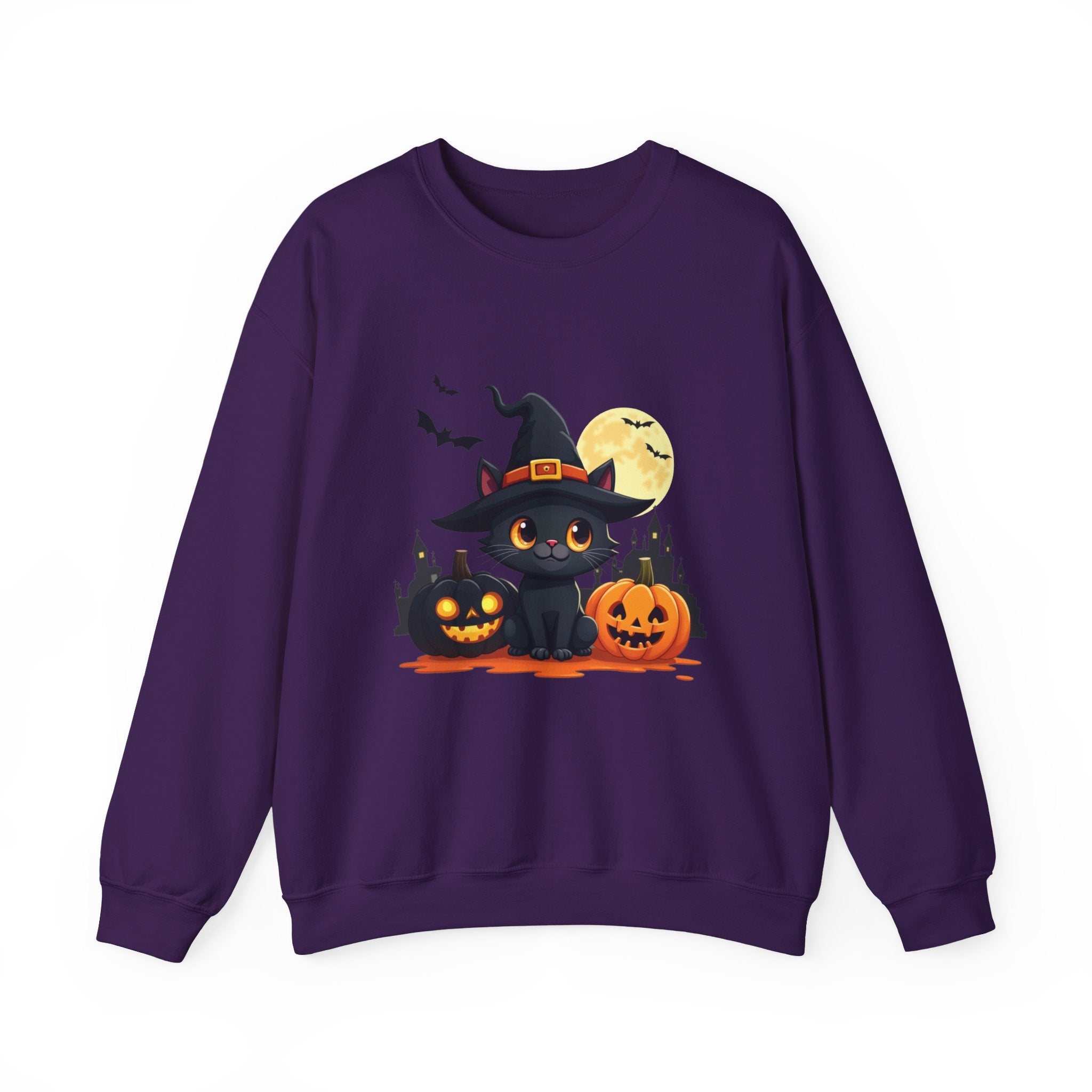Purple sweatshirt with Halloween-themed design featuring a black cat, pumpkins, and a full moon.