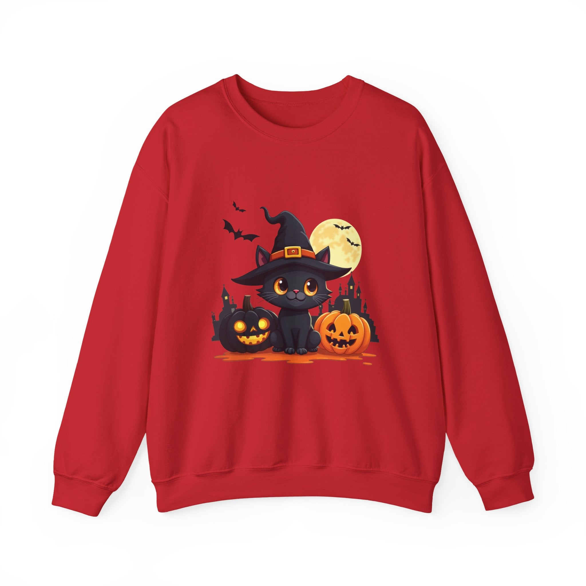 Red sweatshirt with Halloween-themed design featuring a black cat, pumpkins, and a full moon on a white background.
