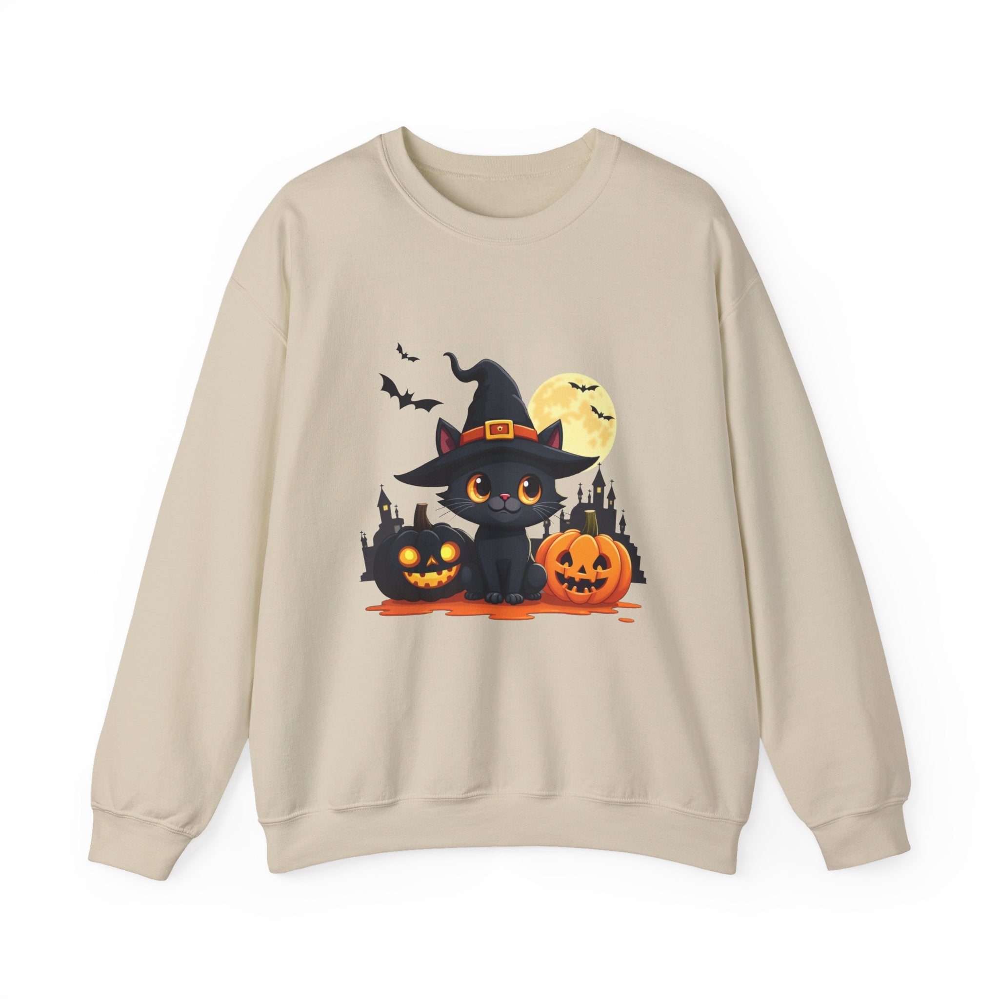 Beige sweatshirt with Halloween-themed design featuring a black cat, pumpkins, and bats on a white background.