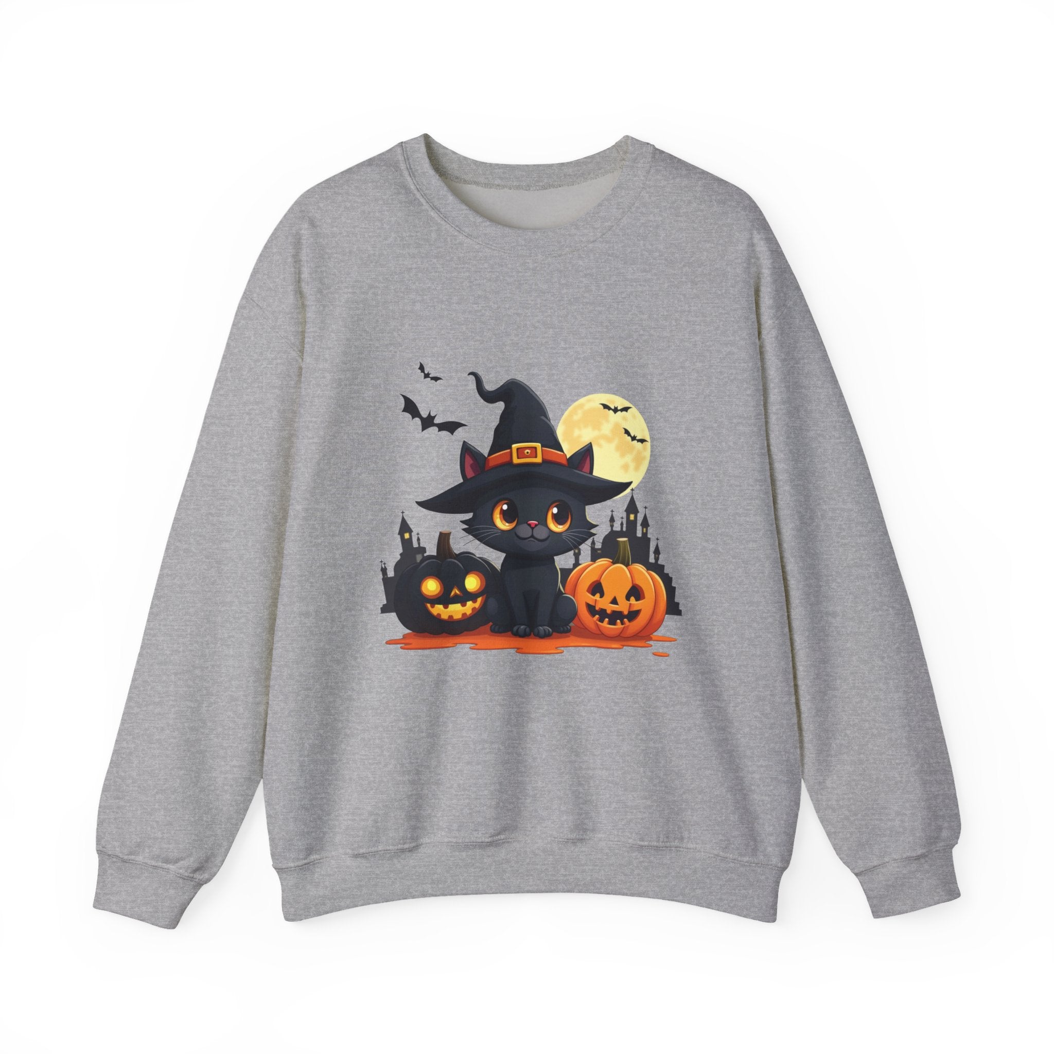 Gray sweatshirt with Halloween-themed design featuring a black cat in a witch hat, pumpkins, and bats on a white background.