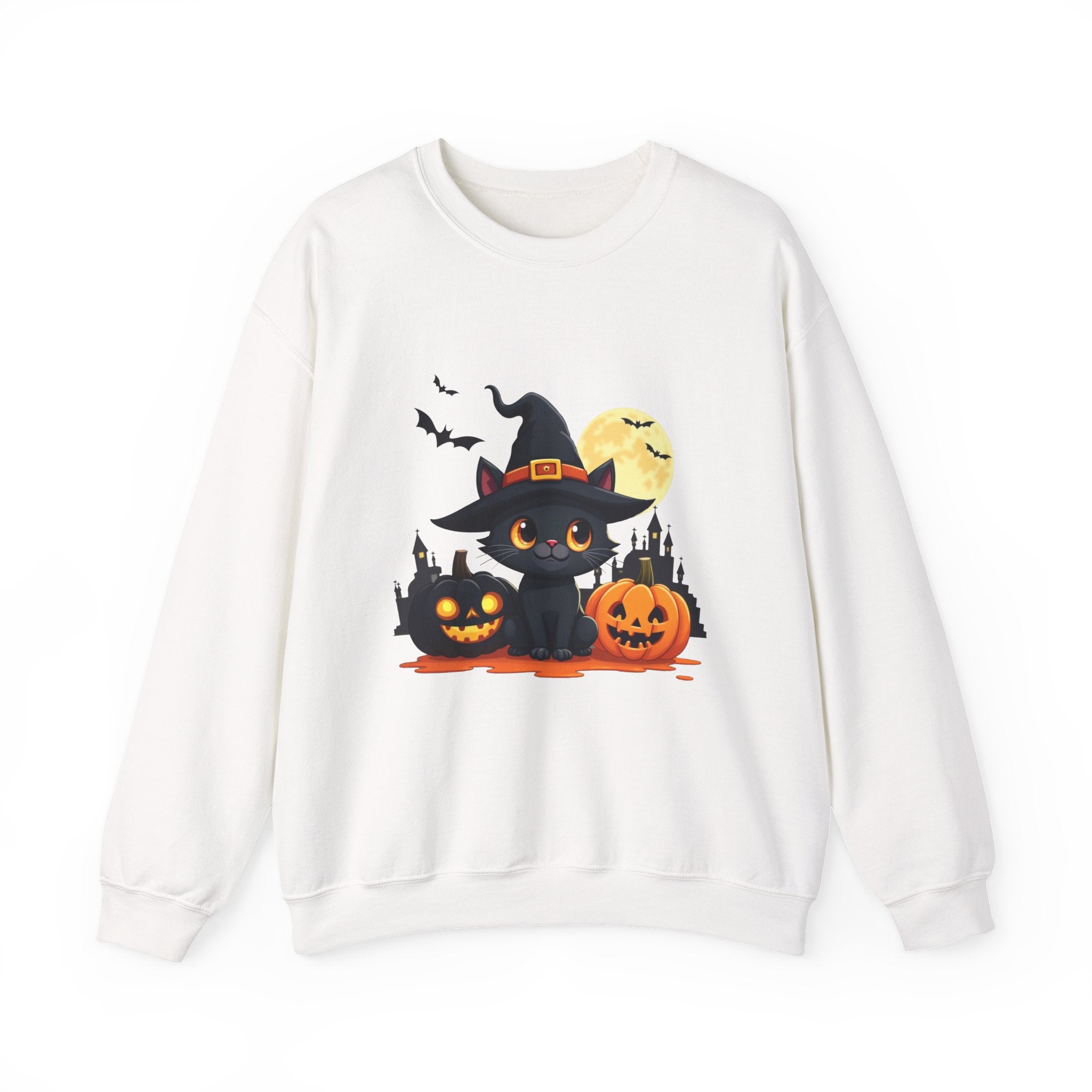 White sweatshirt with Halloween-themed design featuring a black cat, pumpkins, and bats on a white background.