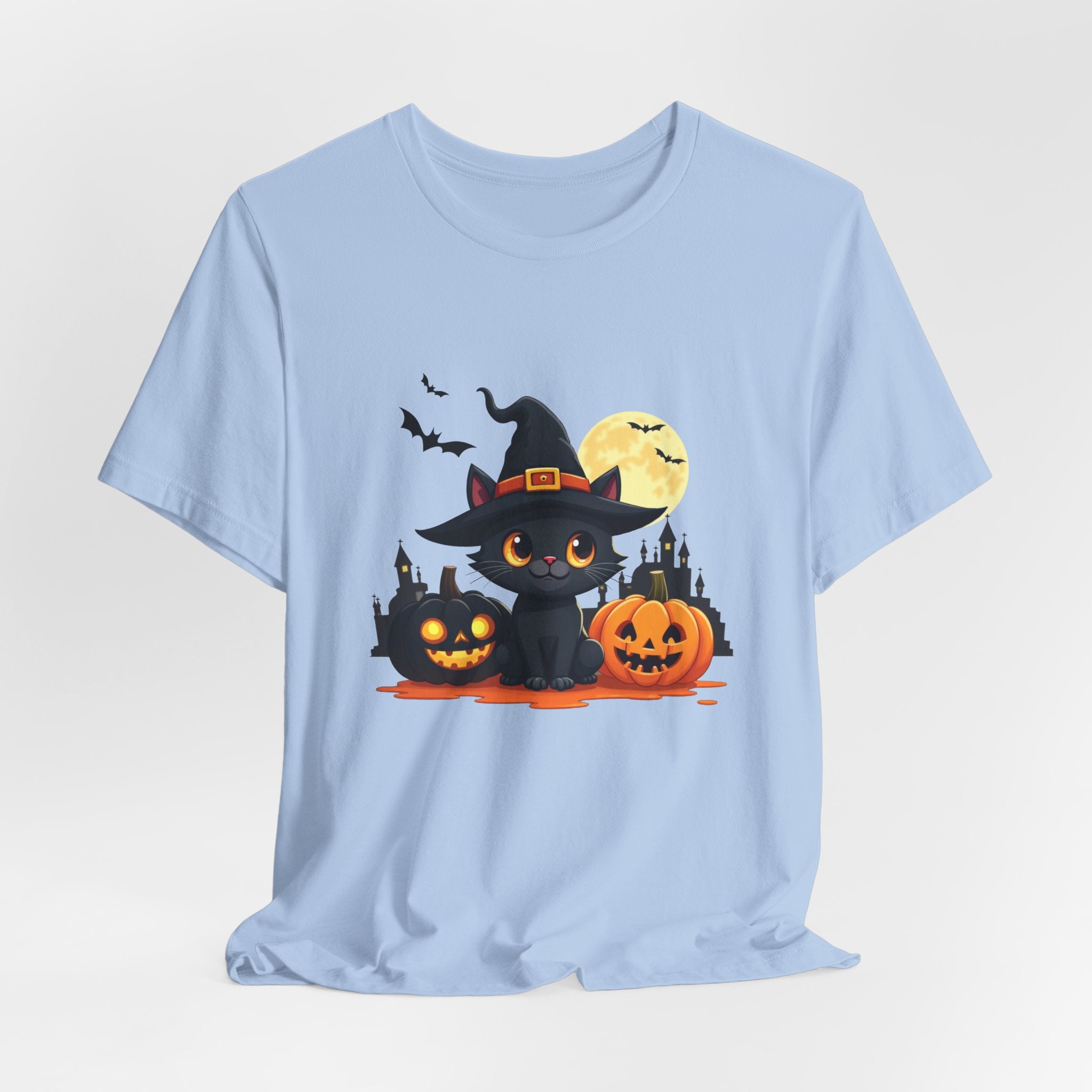 Light blue t-shirt with a Halloween-themed design featuring a black cat, pumpkins, and a castle.