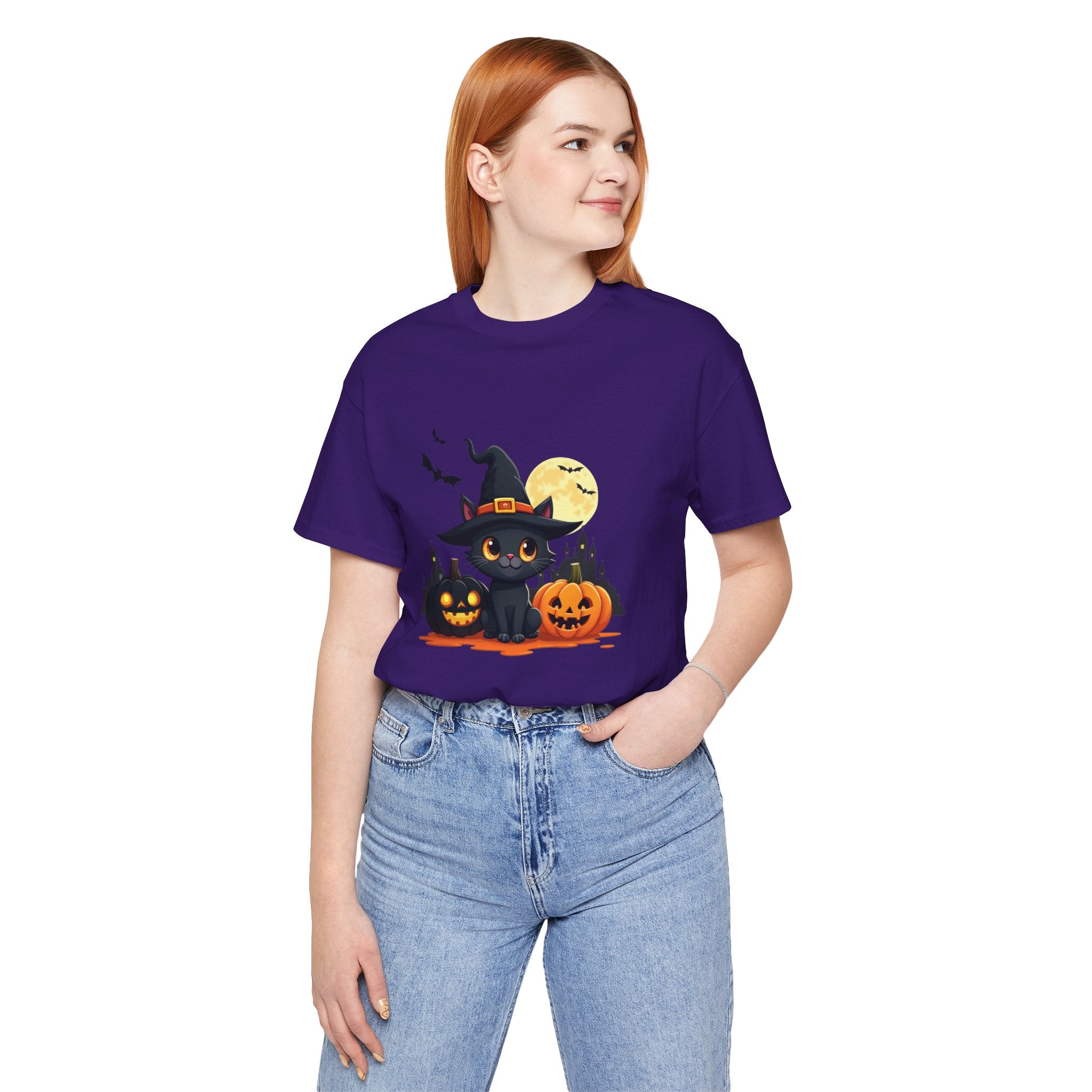 Person wearing a purple t-shirt with Halloween-themed design on a white background