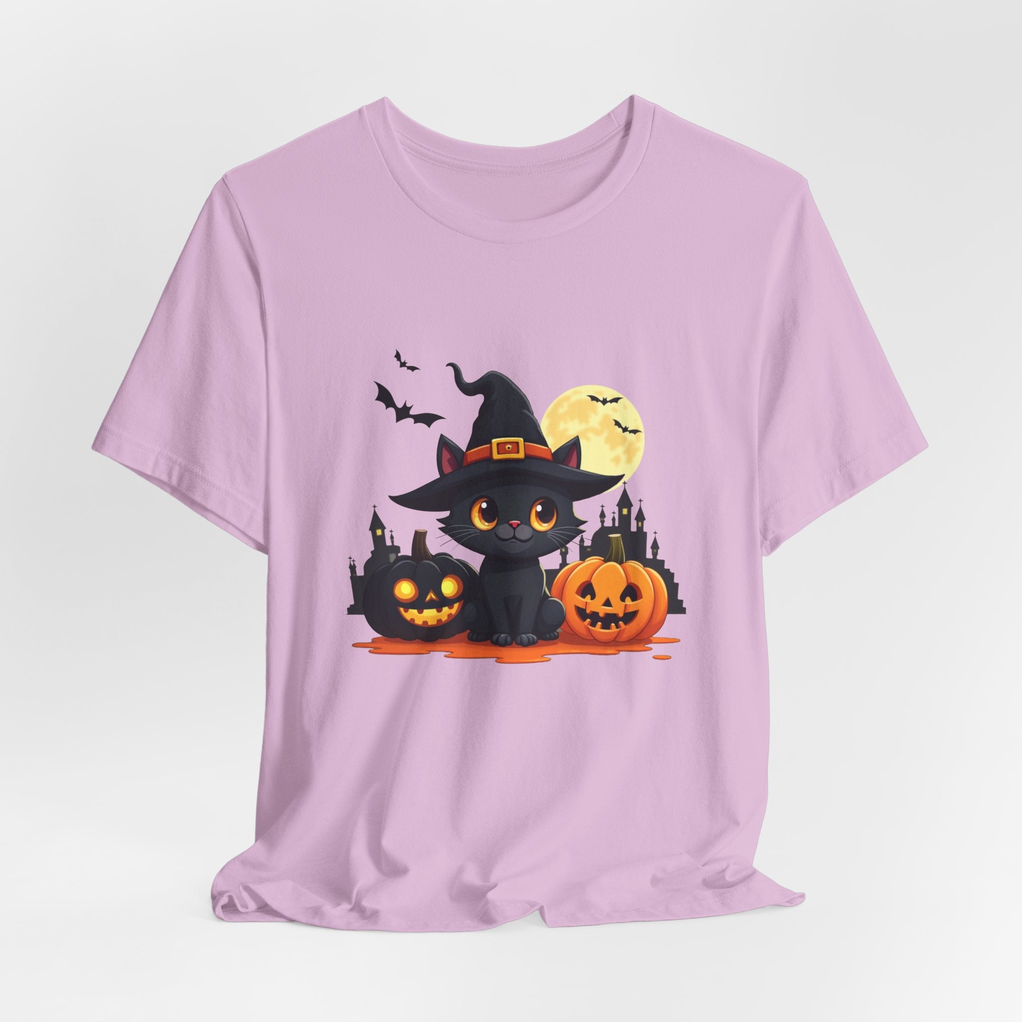 Lilac purple t-shirt with a Halloween-themed design featuring a black cat in a witch hat, pumpkins, and a moon on a light purple background.