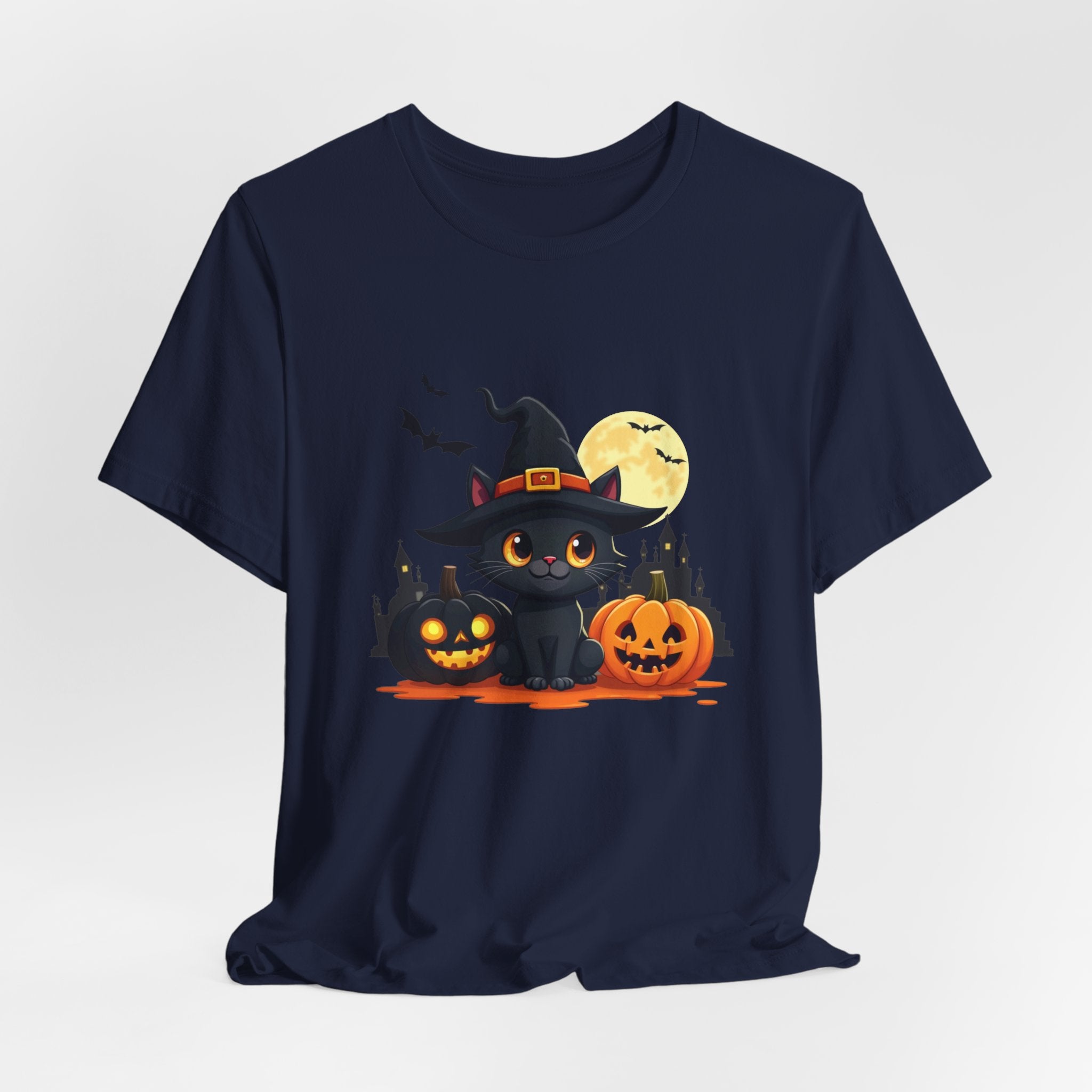Navy blue t-shirt with a Halloween design featuring a black cat in a witch hat and pumpkins.