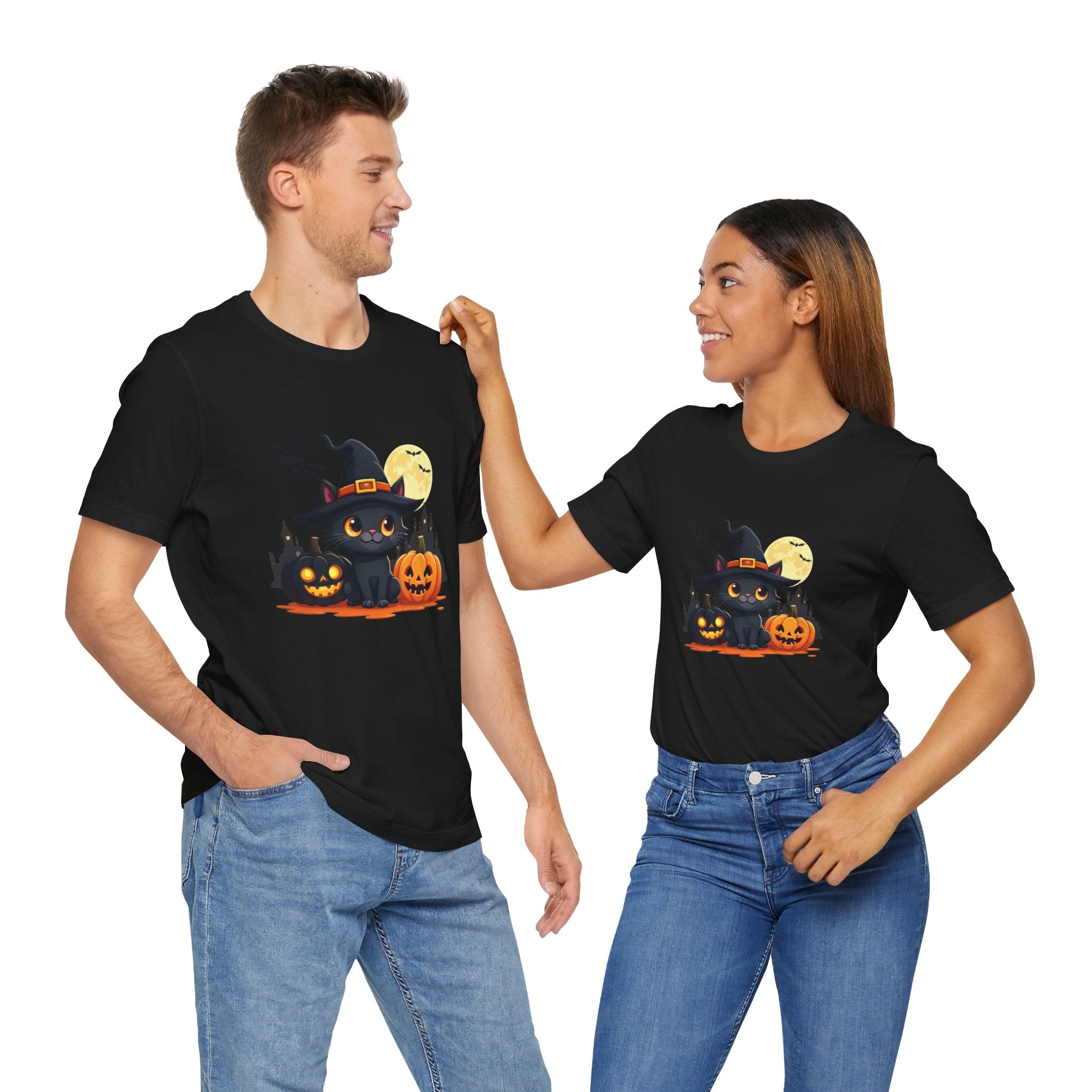 Two people wearing black t-shirts with Halloween-themed graphics on a white background