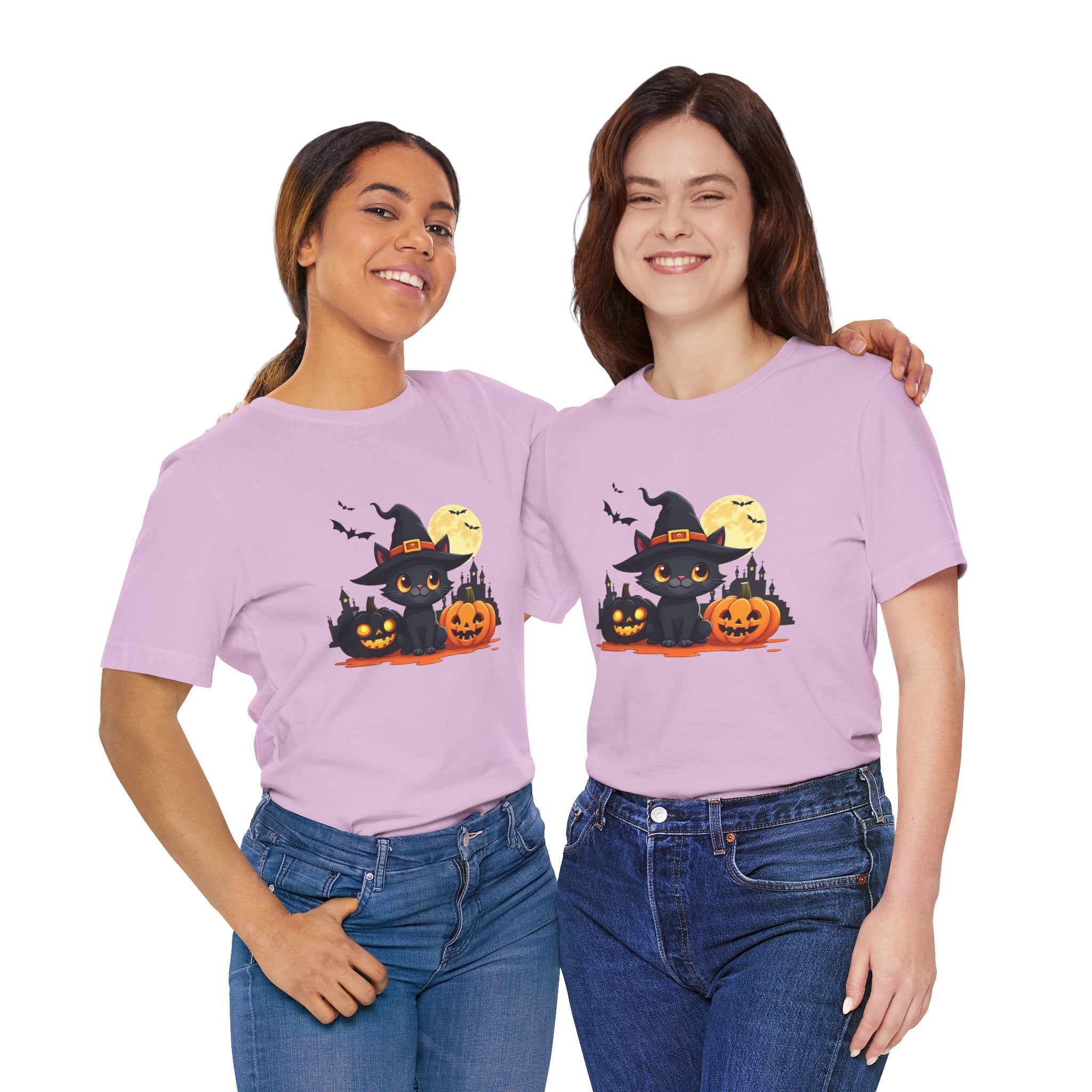 Two people wearing matching purple Halloween-themed t-shirts with black cats and pumpkins on a white background.