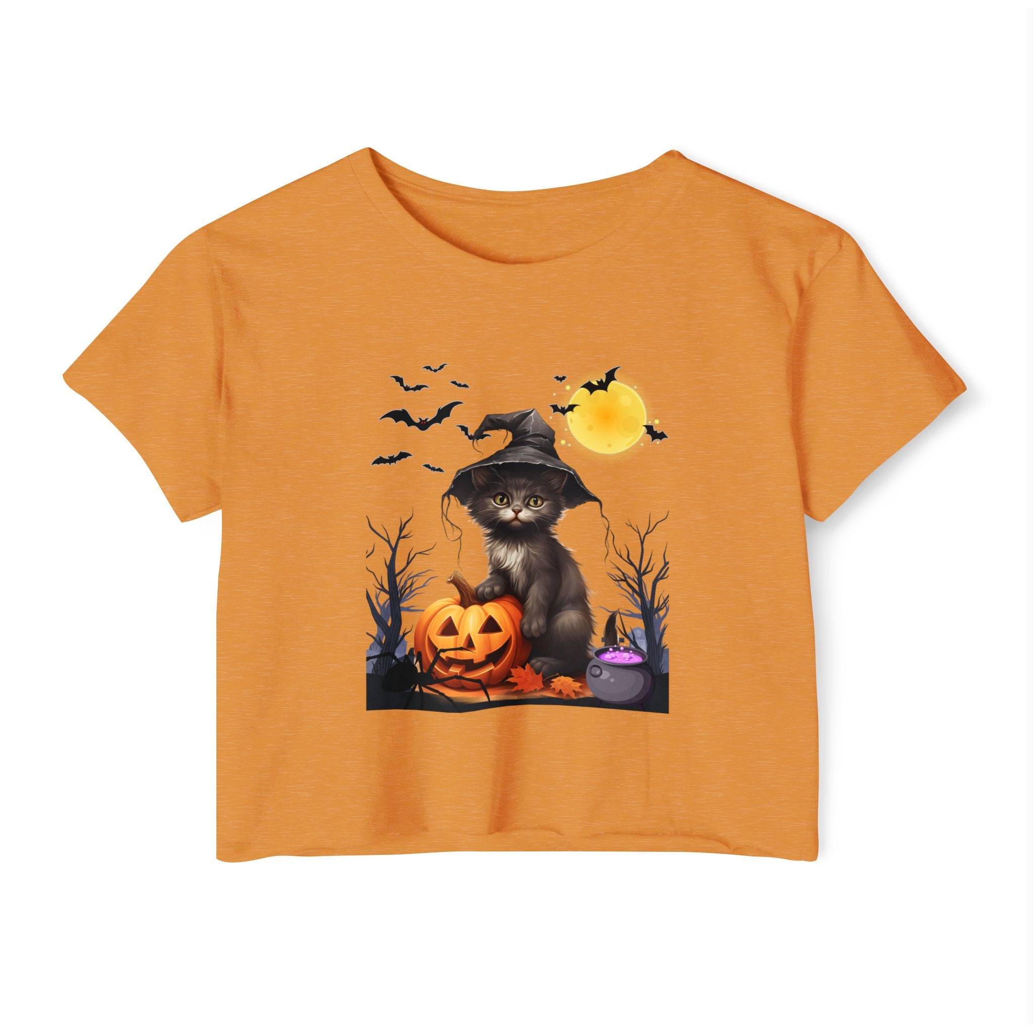 Antique gold orange t-shirt with a Halloween design featuring a cat in a witch hat and pumpkin.