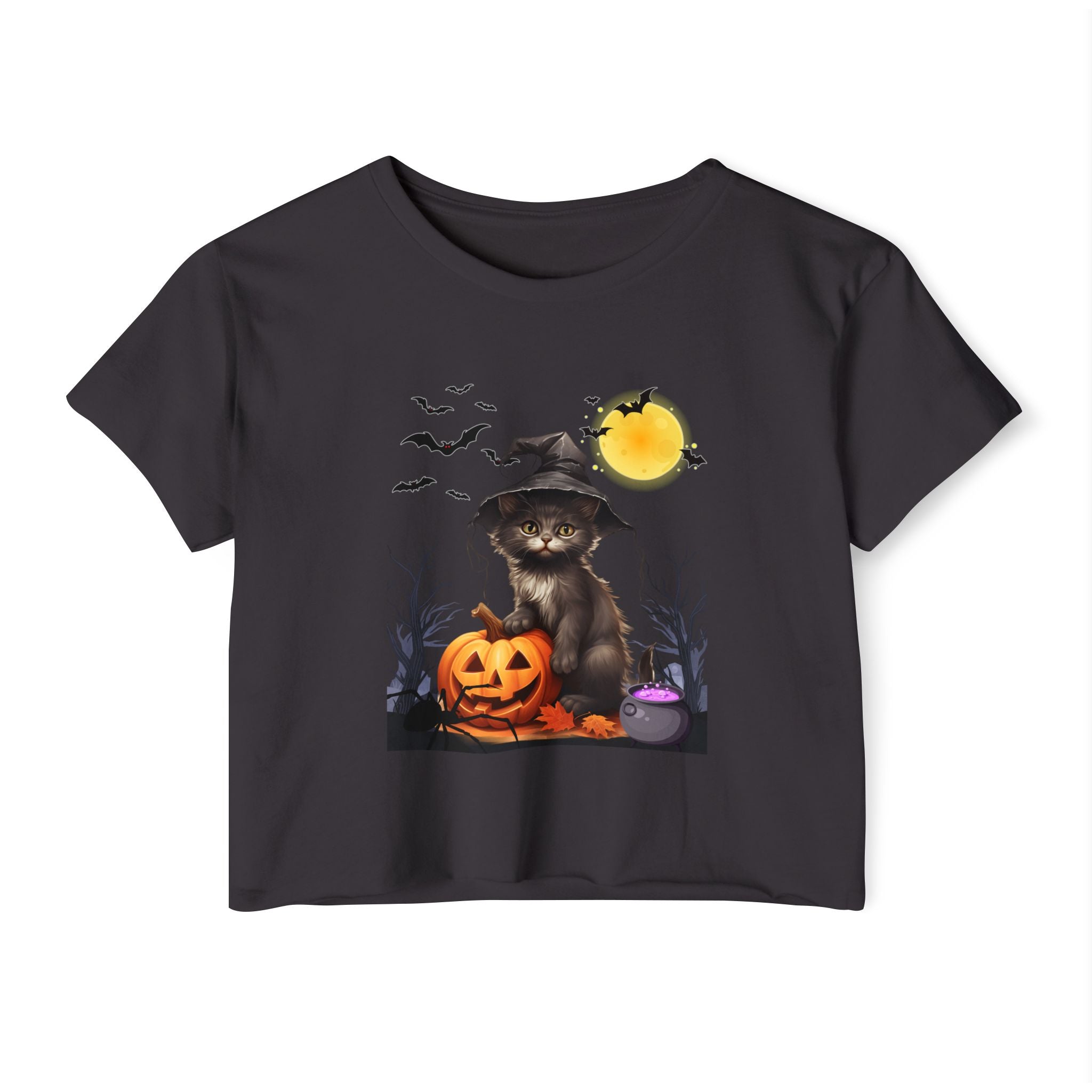Black t-shirt with Halloween design featuring a cat in a witch hat and pumpkin.