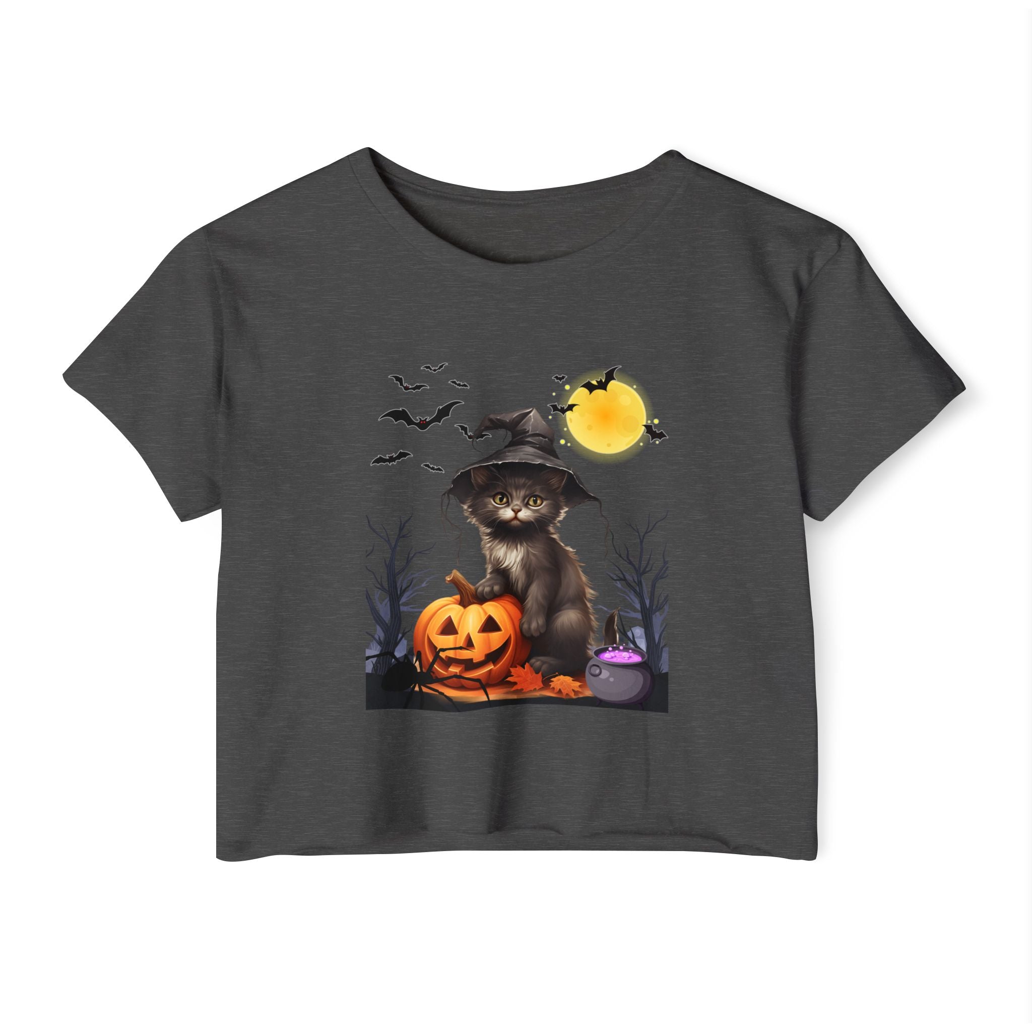 Charcoal gray t-shirt with Halloween design featuring a cat in a witch hat, pumpkin, and bats on a white background.