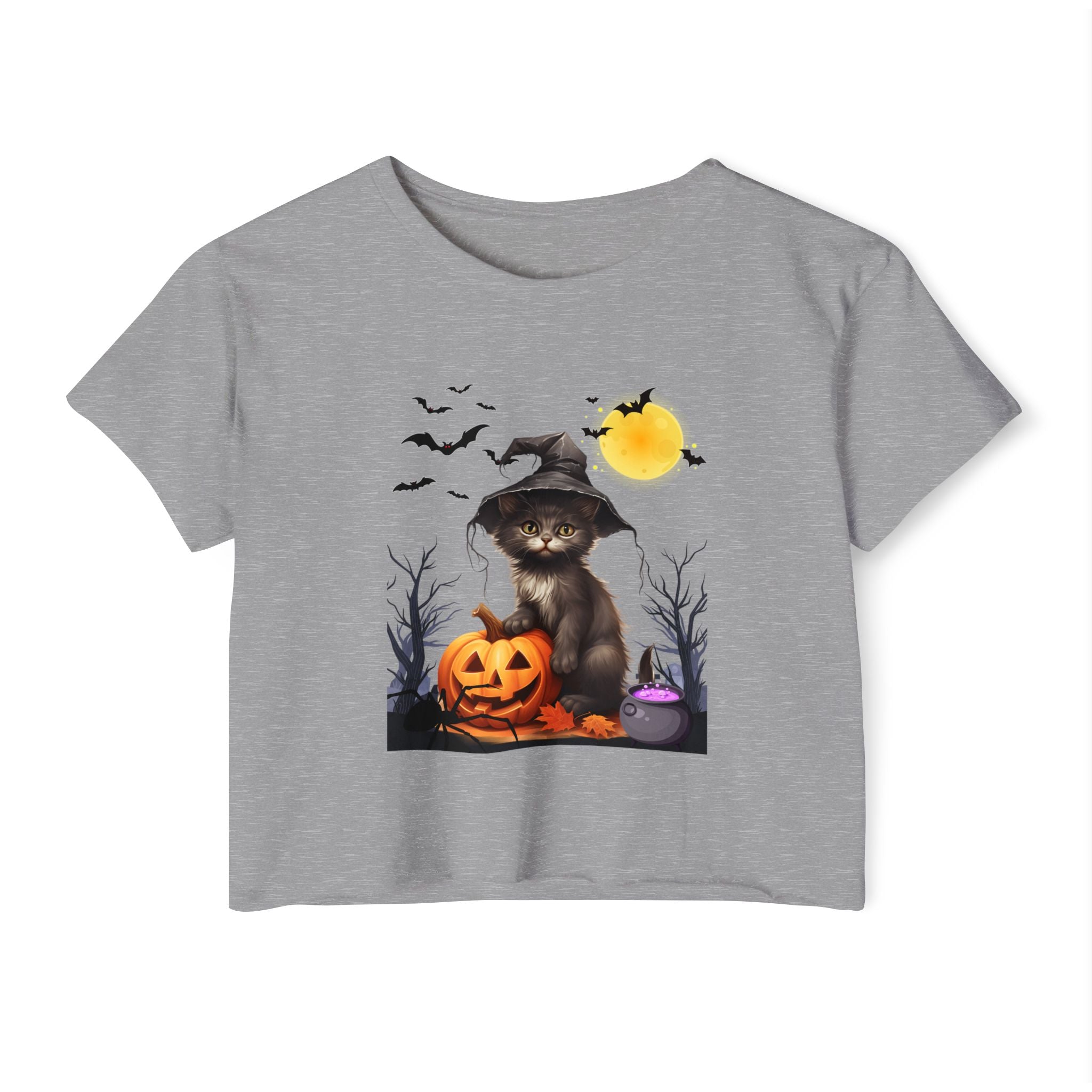 Gray t-shirt with Halloween design featuring a cat in a witch hat and pumpkin.