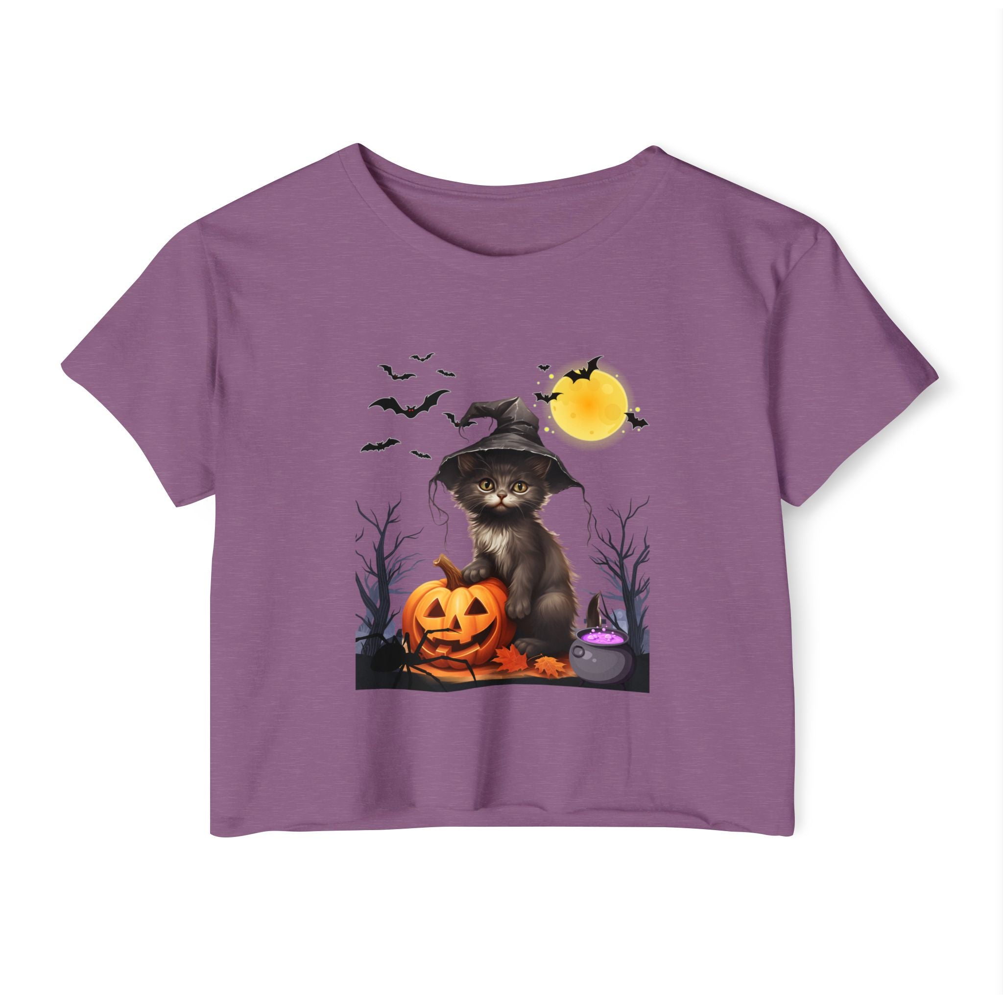 Shiraz purple t-shirt with a Halloween-themed design featuring a cat in a witch hat and pumpkin.