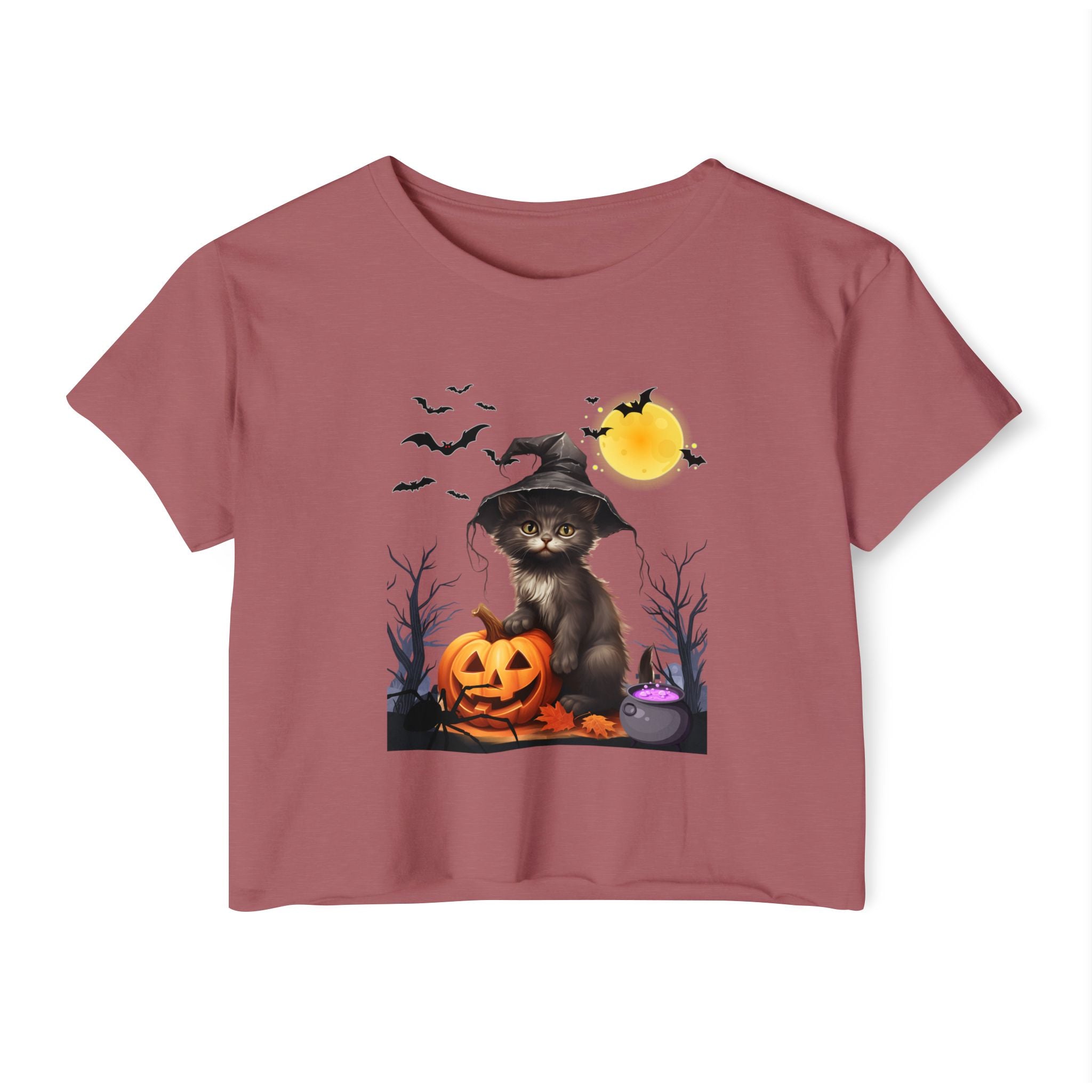 Smoked paprika t-shirt with a Halloween design featuring a cat in a witch hat, pumpkin, and bats on a white background.