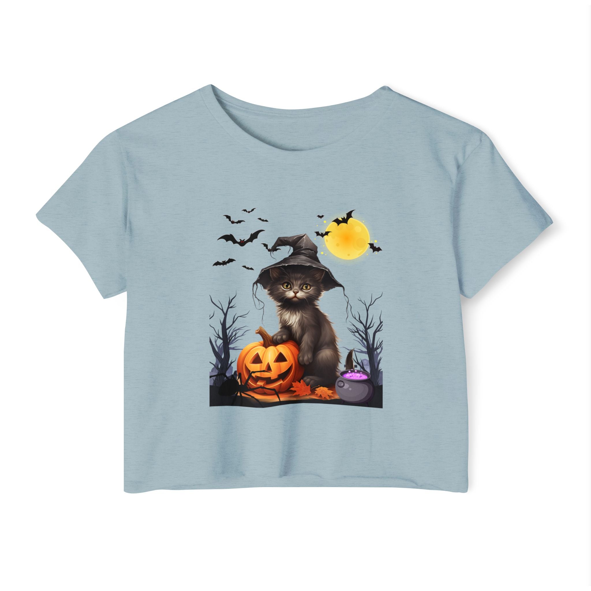 Stonewash denim light blue t-shirt with Halloween design featuring a cat in a witch hat and pumpkin.