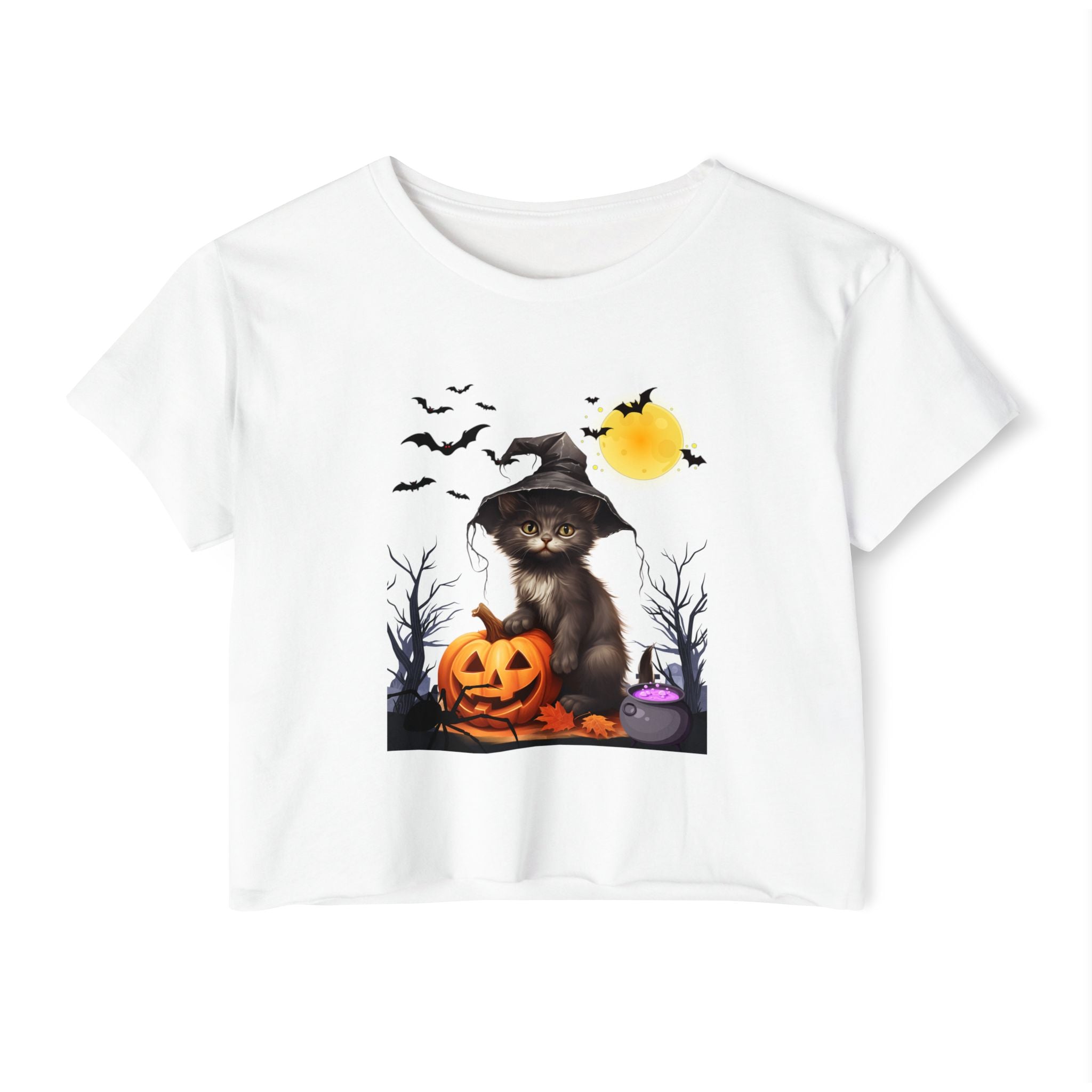 White t-shirt with a Halloween-themed design featuring a cat and pumpkin on a white background