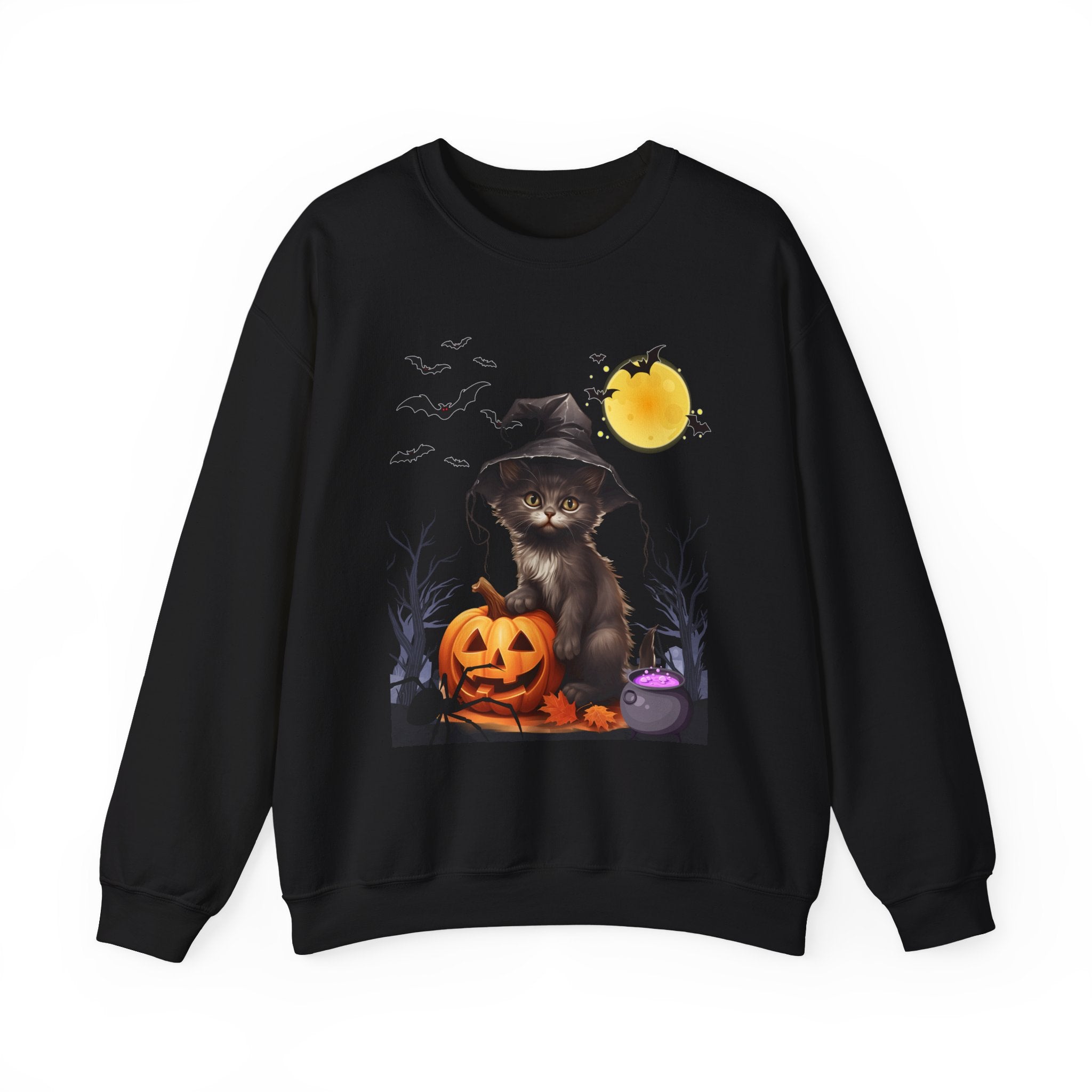 Black sweatshirt with Halloween design featuring a cat, pumpkin, and moon on a white background