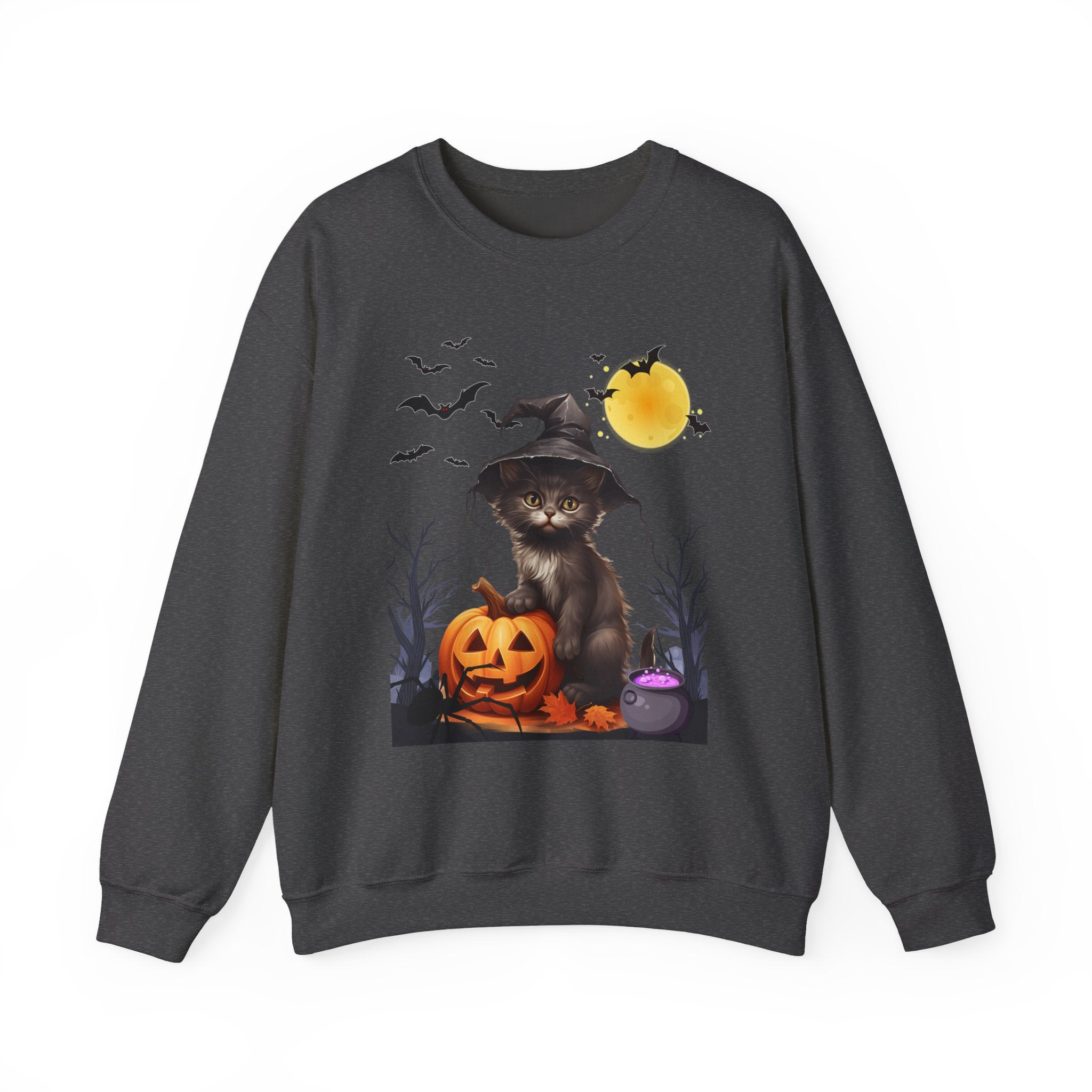 Dark heather sweatshirt with Halloween design featuring a cat in a witch hat, pumpkin, and moon on a white background.