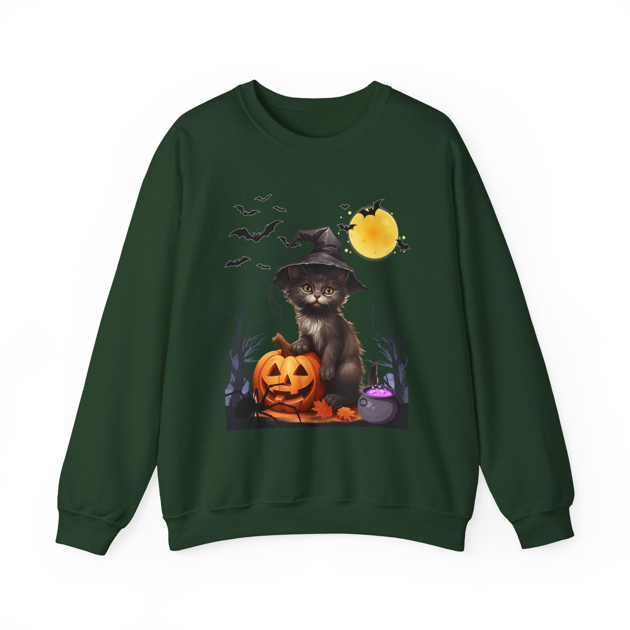 Forest green sweatshirt with Halloween-themed design featuring a cat, pumpkin, and moon on a white background.