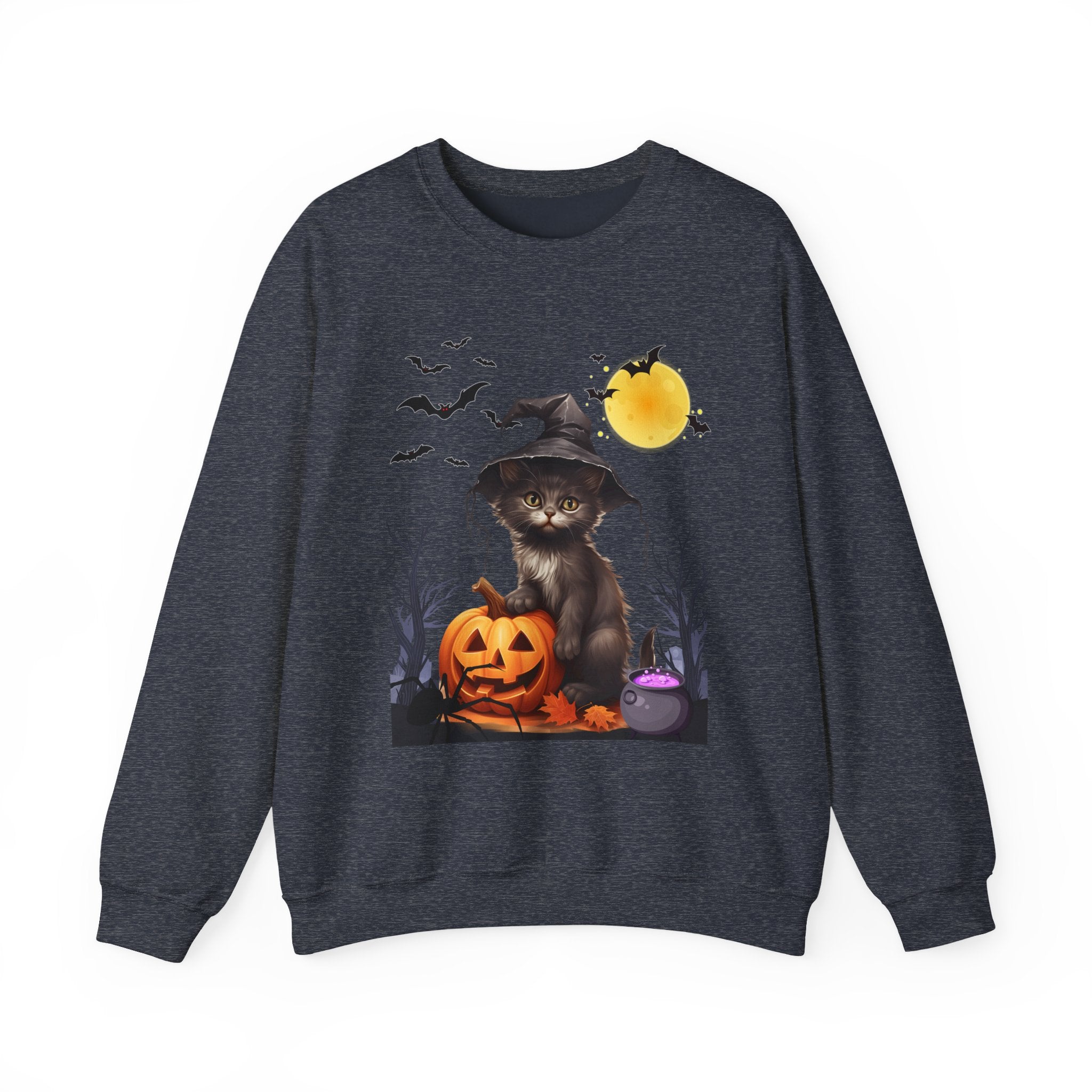 Heather dark navy gray sweatshirt with Halloween-themed design featuring a cat in a witch hat, pumpkin, and moon.