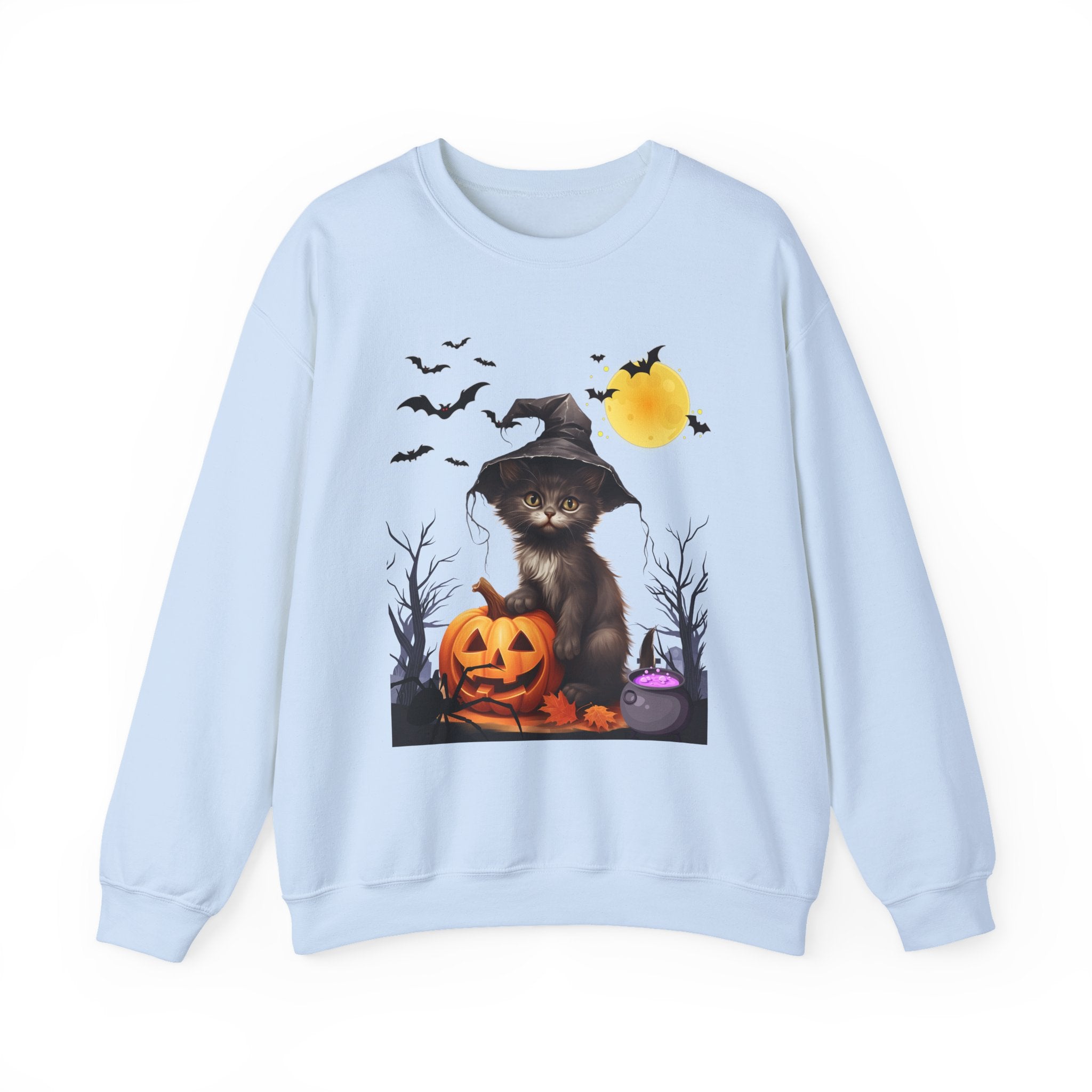 Light blue sweatshirt with Halloween-themed design featuring a cat, pumpkin, and bats on a white background.