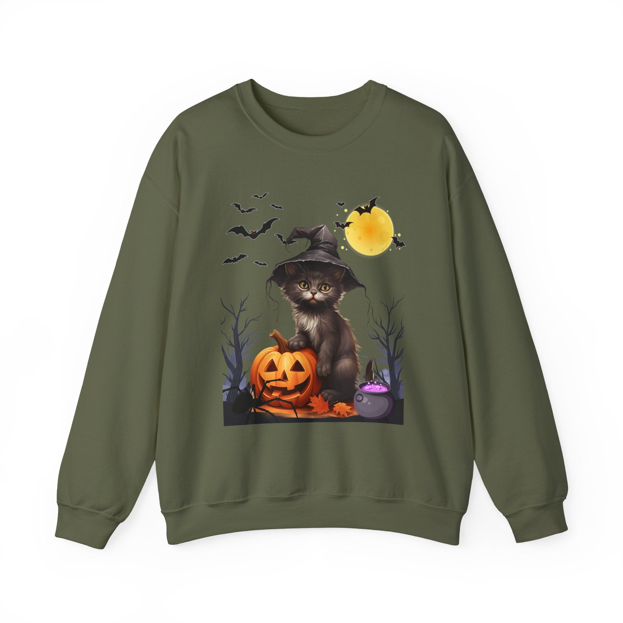 Military green sweatshirt with a Halloween-themed design featuring a cat in a witch hat, pumpkin, and bats on a white background.