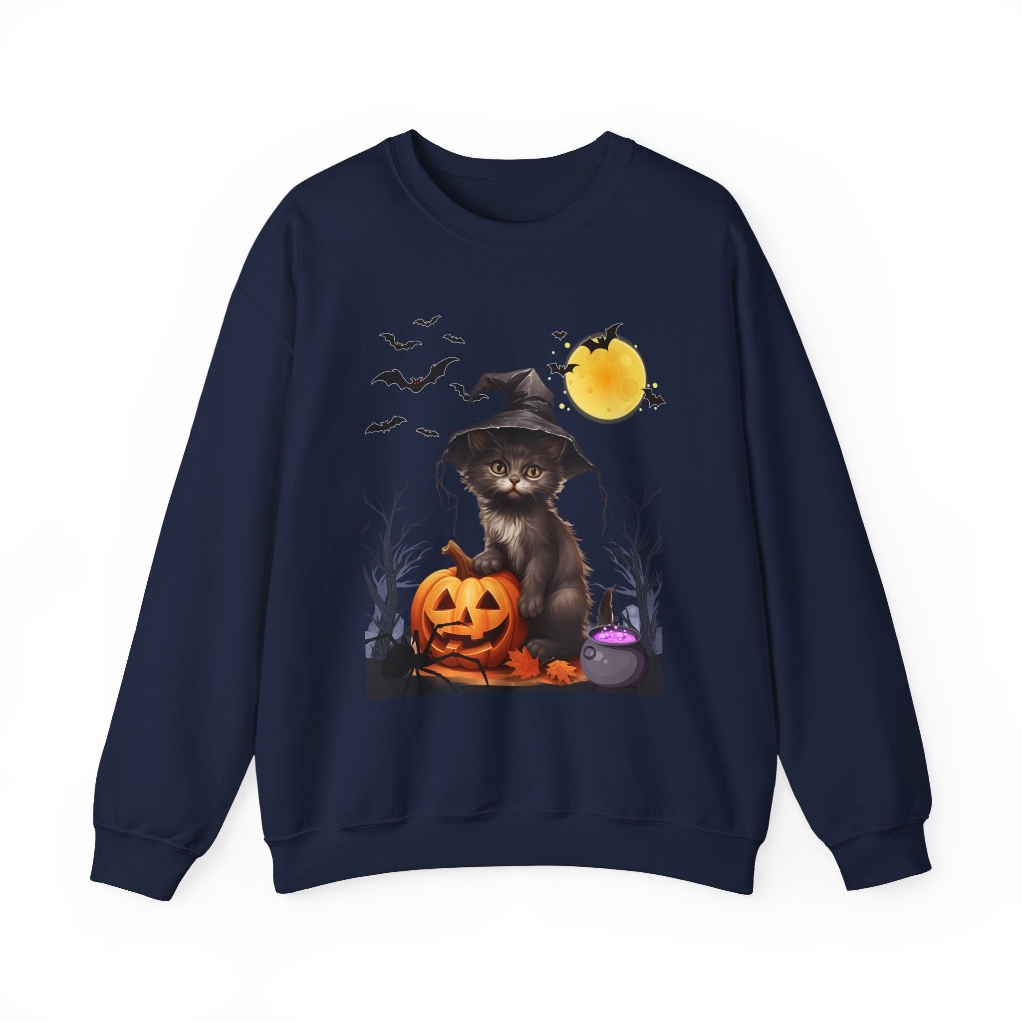 Navy blue sweatshirt with Halloween design featuring a cat in a witch hat, pumpkin, and potion.