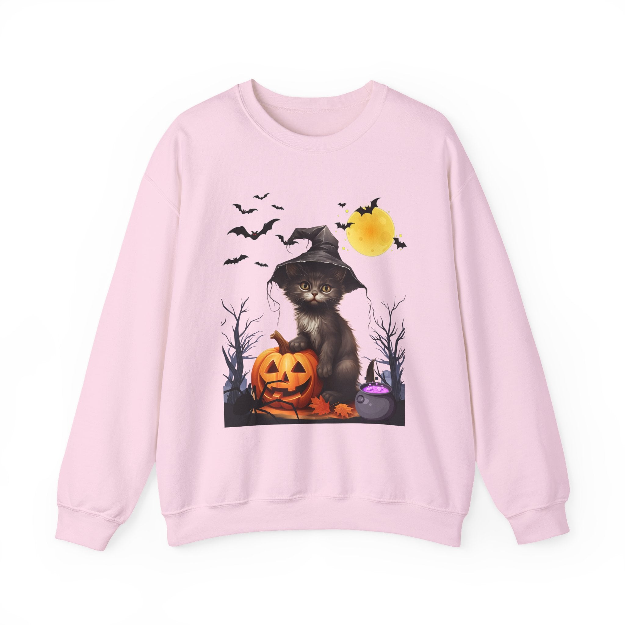 Pink sweatshirt with Halloween-themed design featuring a cat in a witch hat and pumpkin.
