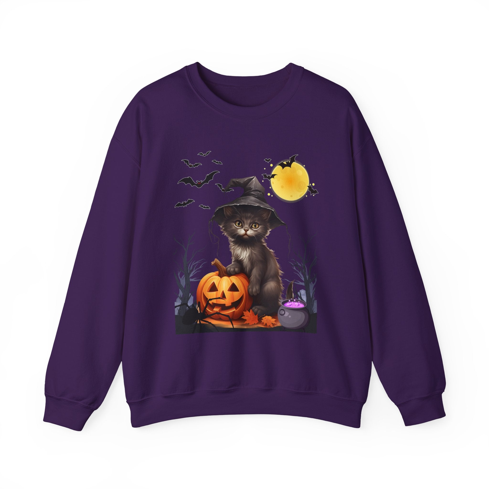 Purple sweatshirt with Halloween-themed design featuring a cat, pumpkin, and witch hat on a white background.