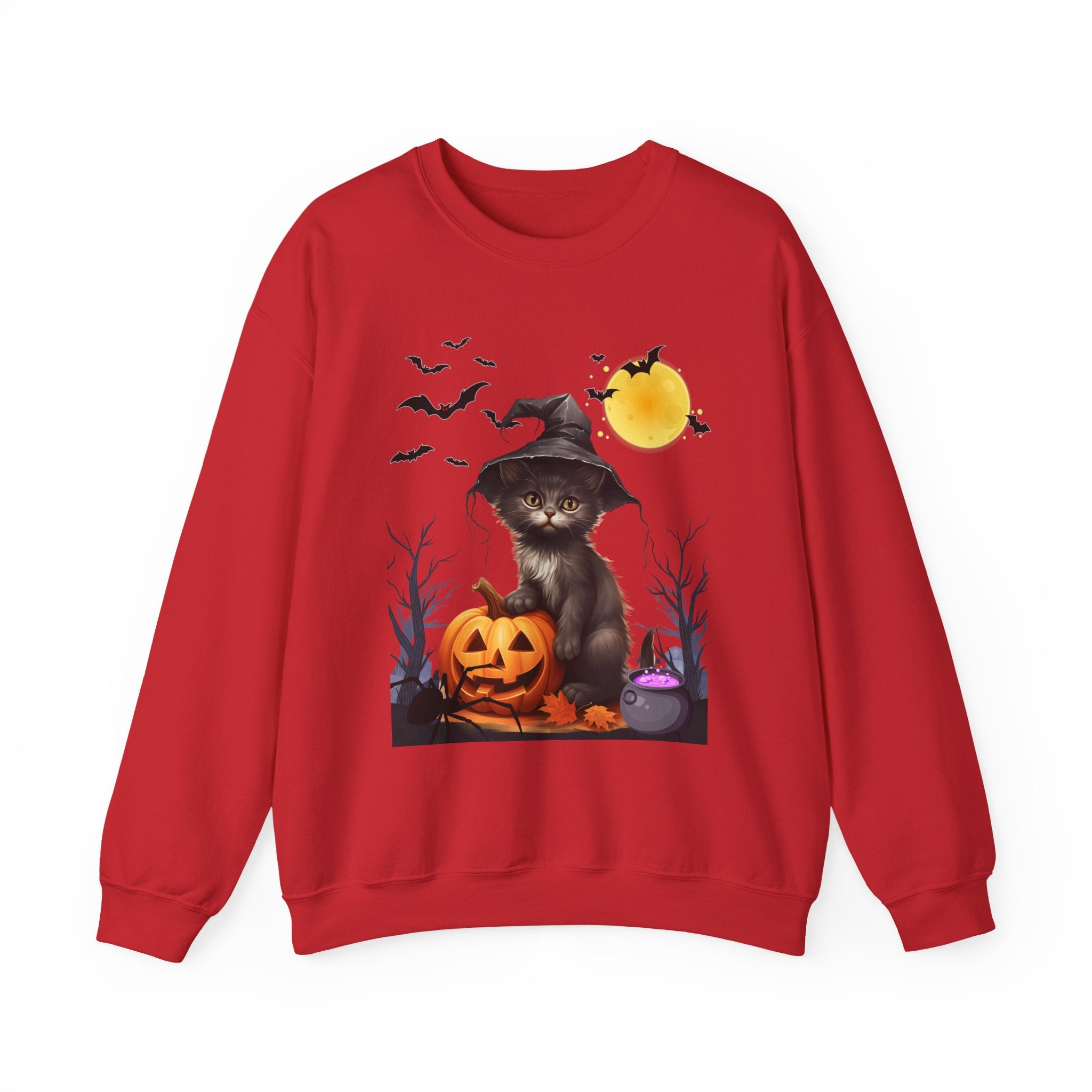 Red sweatshirt with Halloween design featuring a cat in a witch hat and pumpkin.