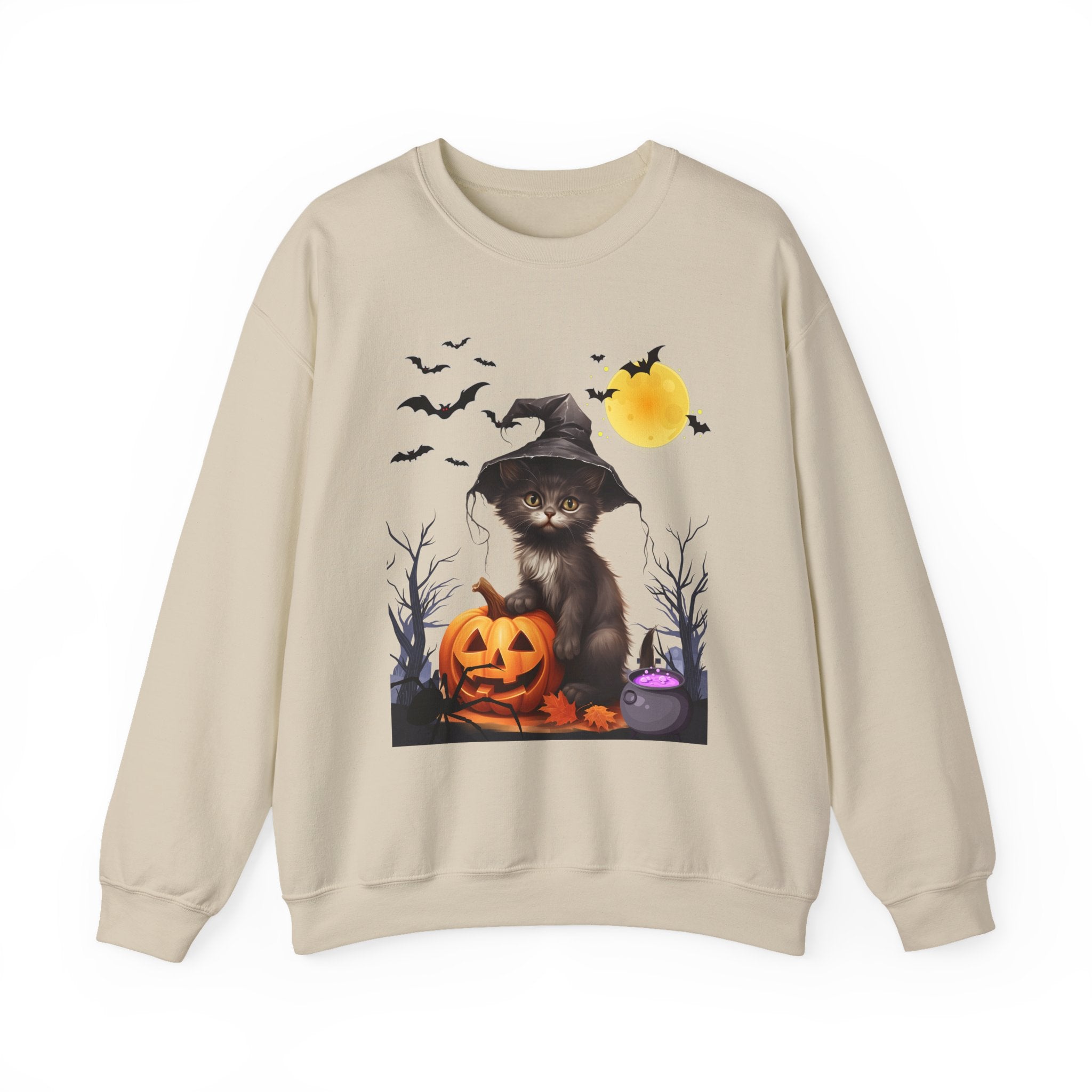 Beige sweatshirt with Halloween-themed design featuring a cat in a witch hat and pumpkin.