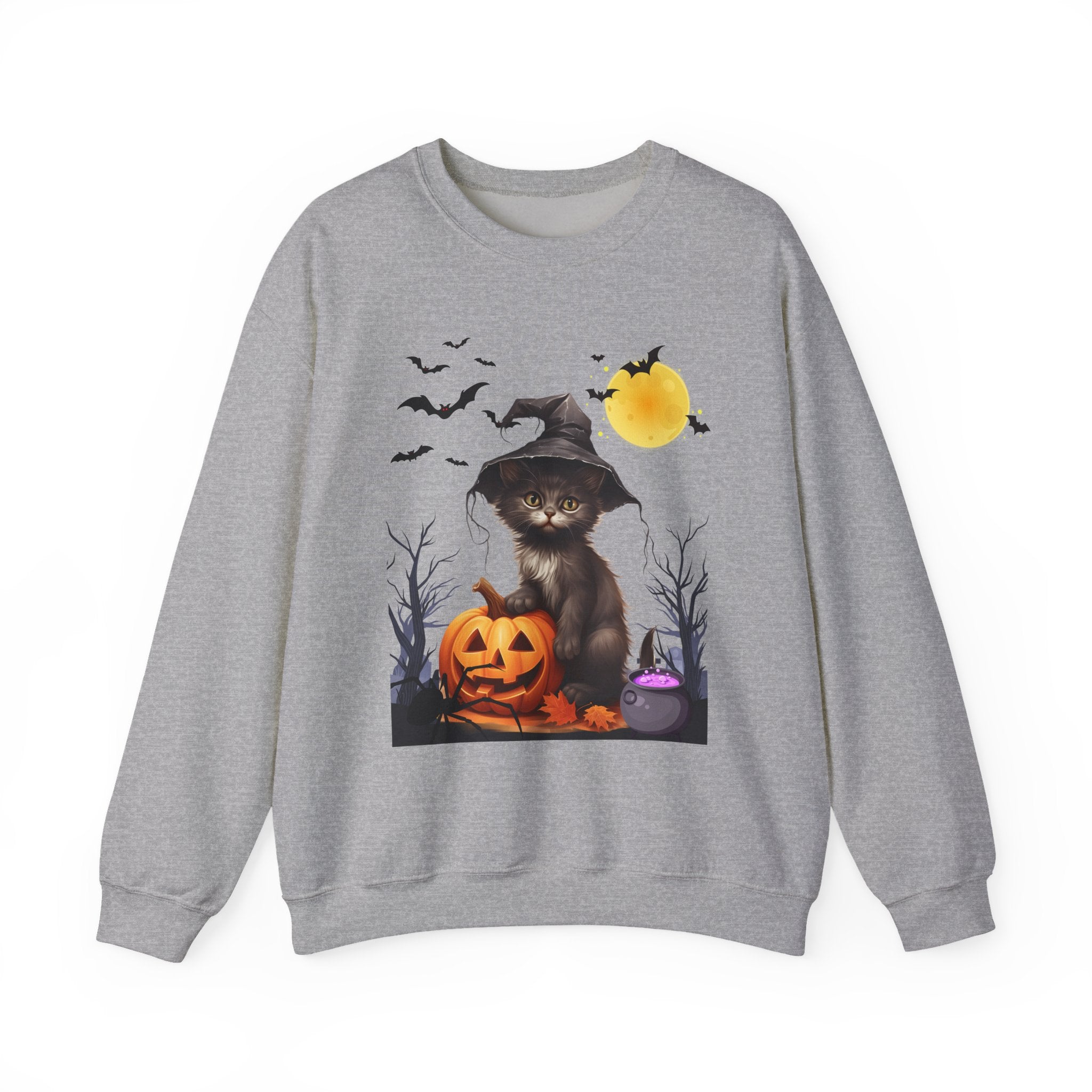 Gray sweatshirt with Halloween design featuring a cat in a witch hat and pumpkin.
