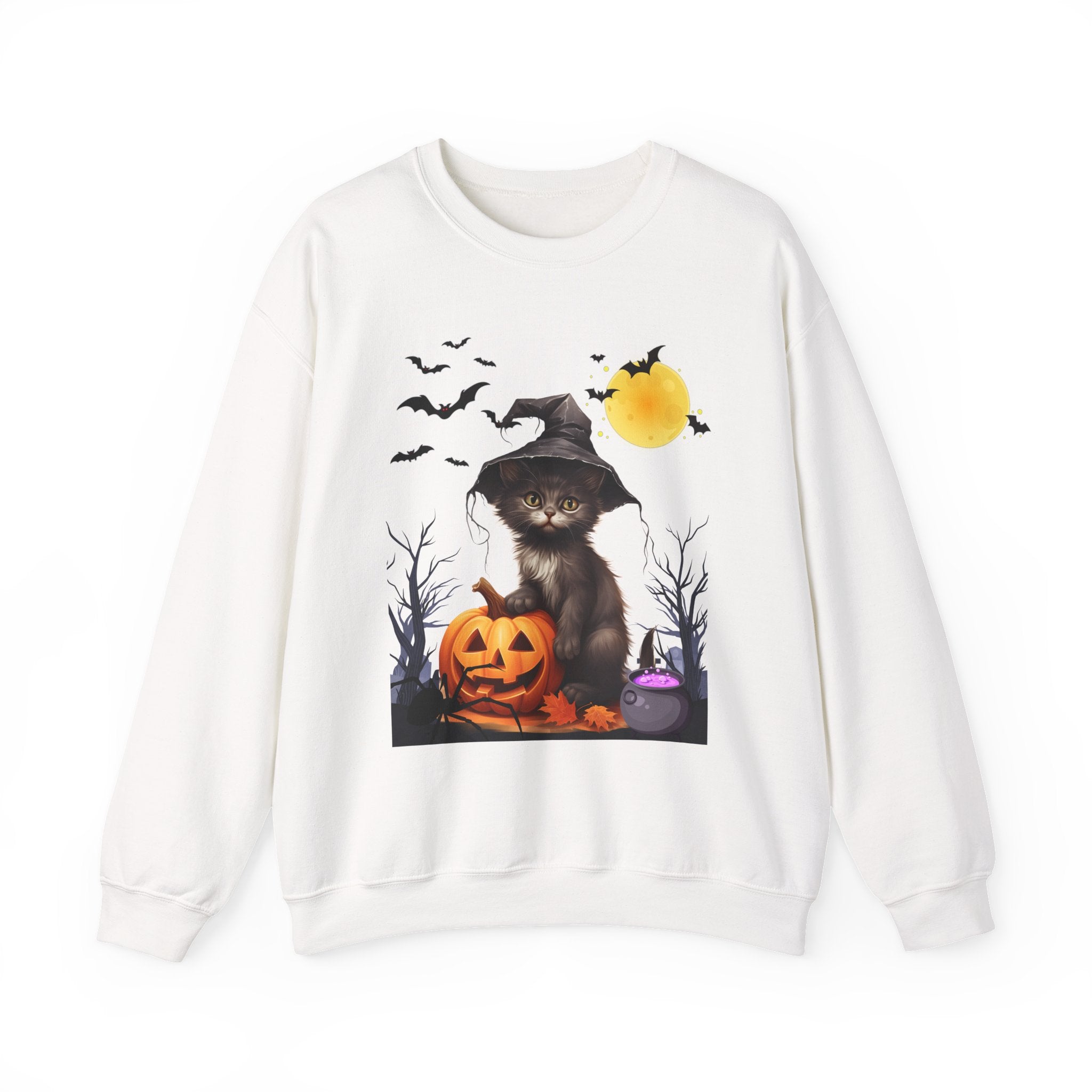 White sweatshirt with Halloween-themed design featuring a cat in a witch hat, pumpkin, and bats on a white background.