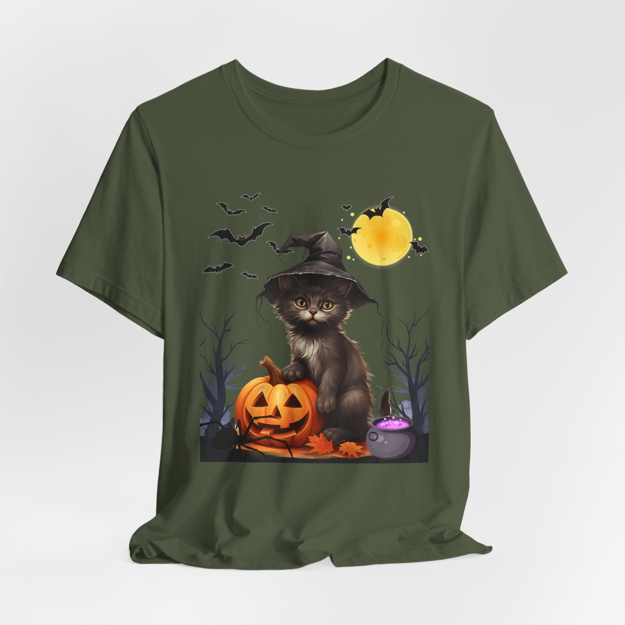 Military green t-shirt with a Halloween design featuring a cat in a witch hat and pumpkins on a white background.