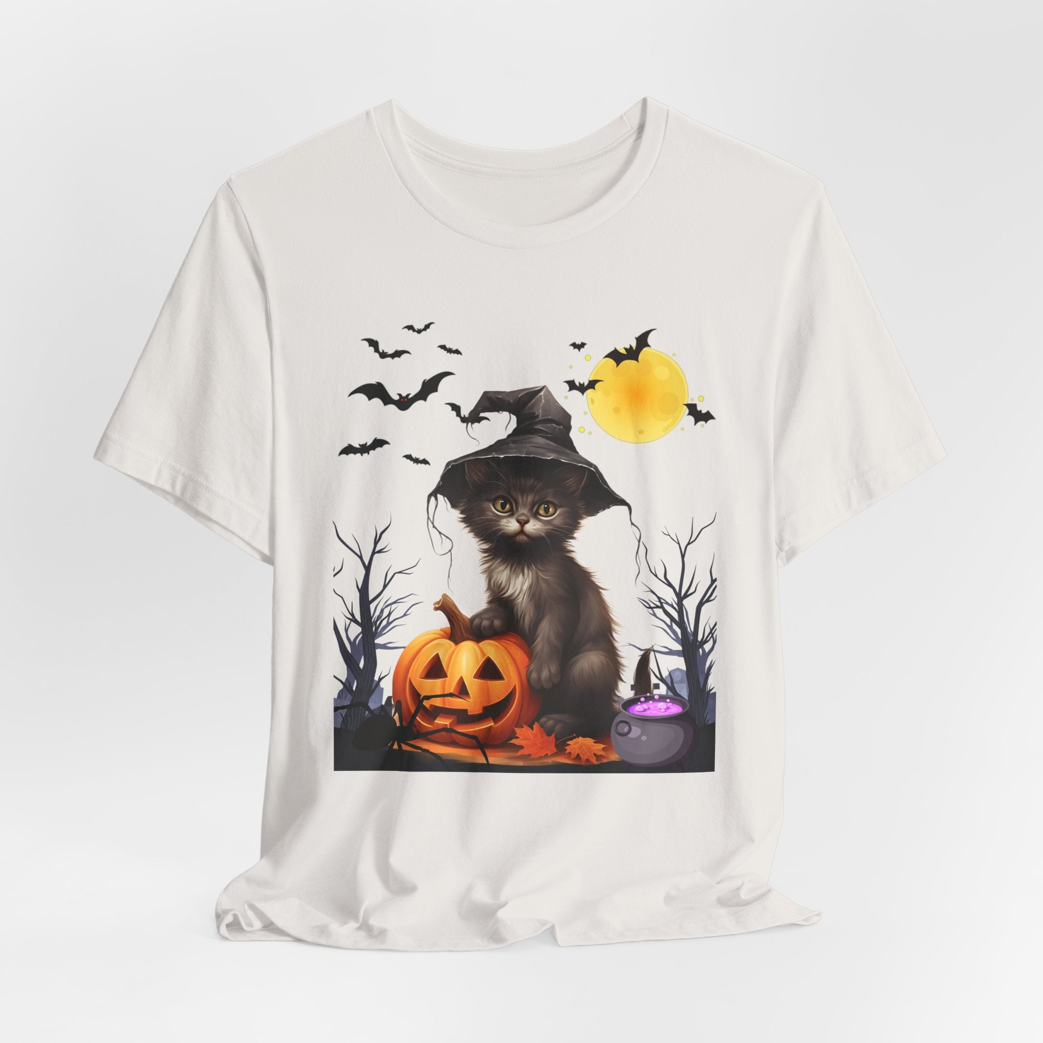 Vintage white t-shirt with a Halloween-themed design featuring a cat in a witch hat and pumpkin.