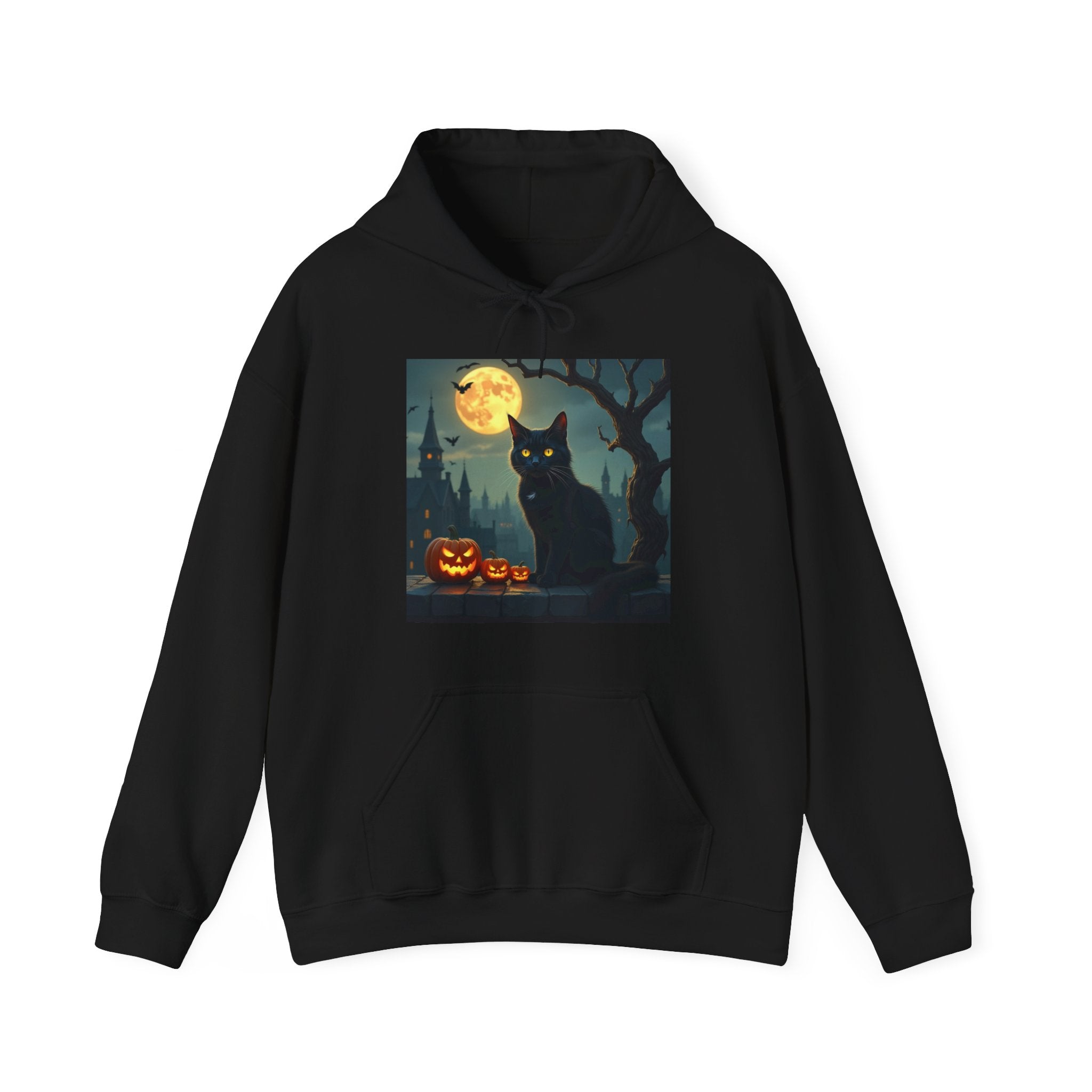 Black hoodie with a Halloween-themed graphic of a cat, pumpkins, and a full moon on a white background.