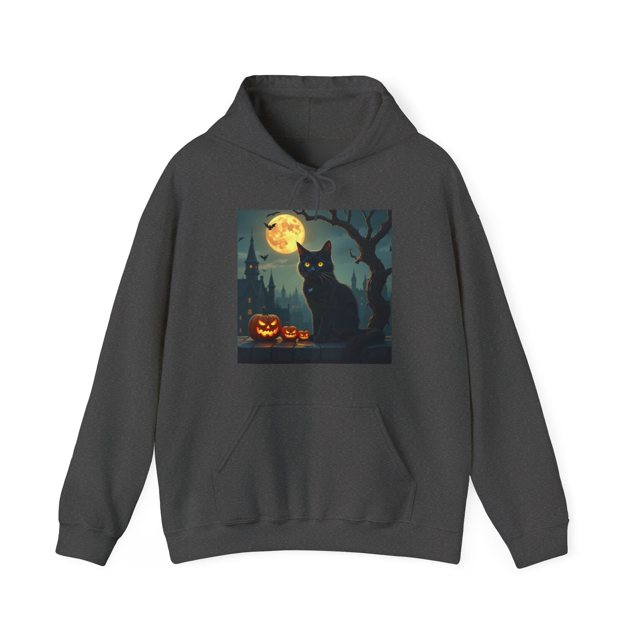Dark gray hoodie with a Halloween-themed graphic of a black cat, pumpkins, and a full moon.