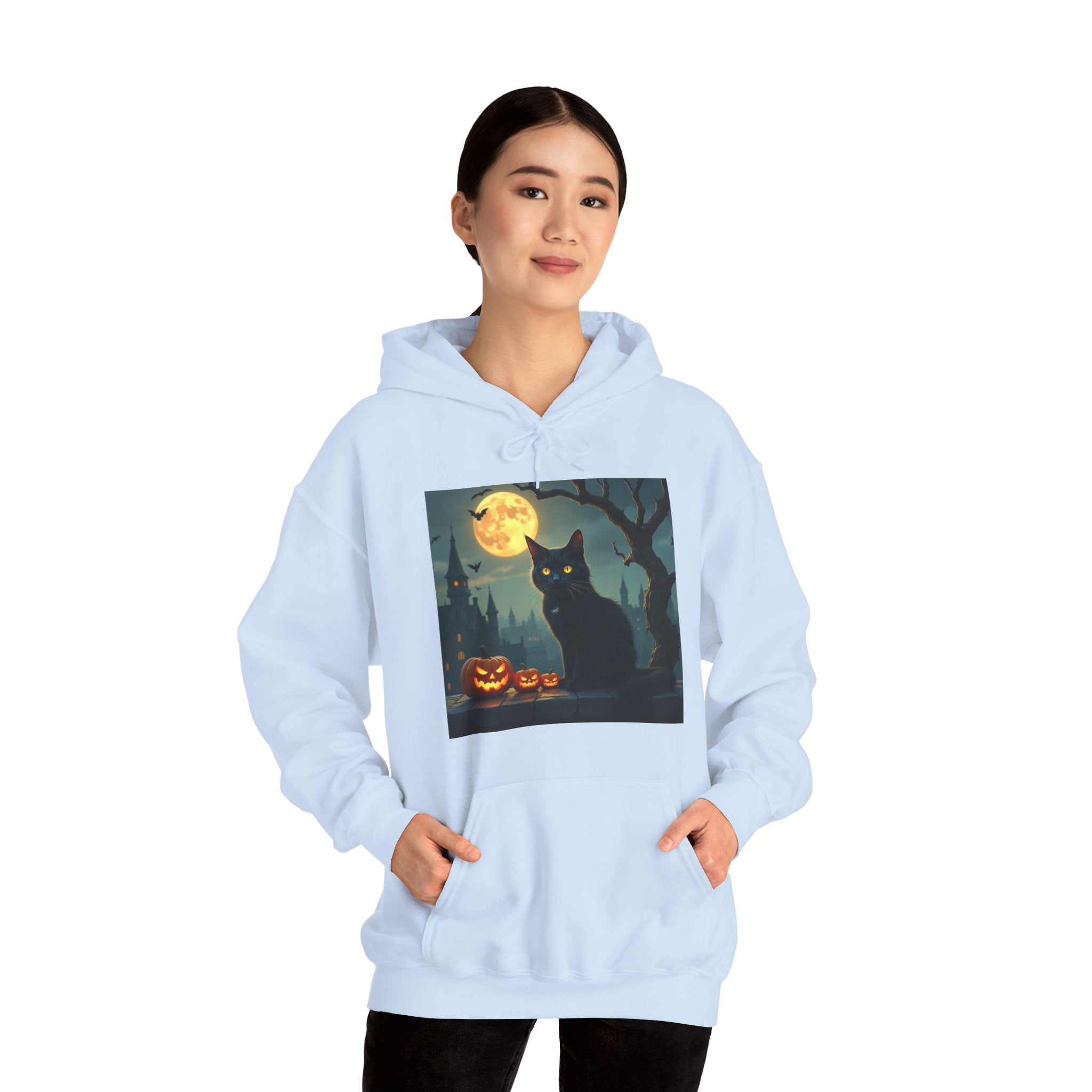 Light blue hoodie with a black cat and pumpkin design on a white background
