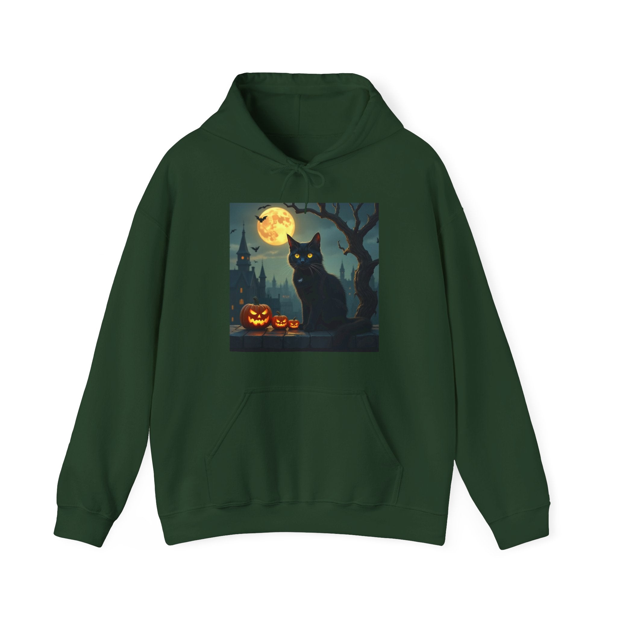 Forest green hoodie with a black cat and pumpkin design on a white background