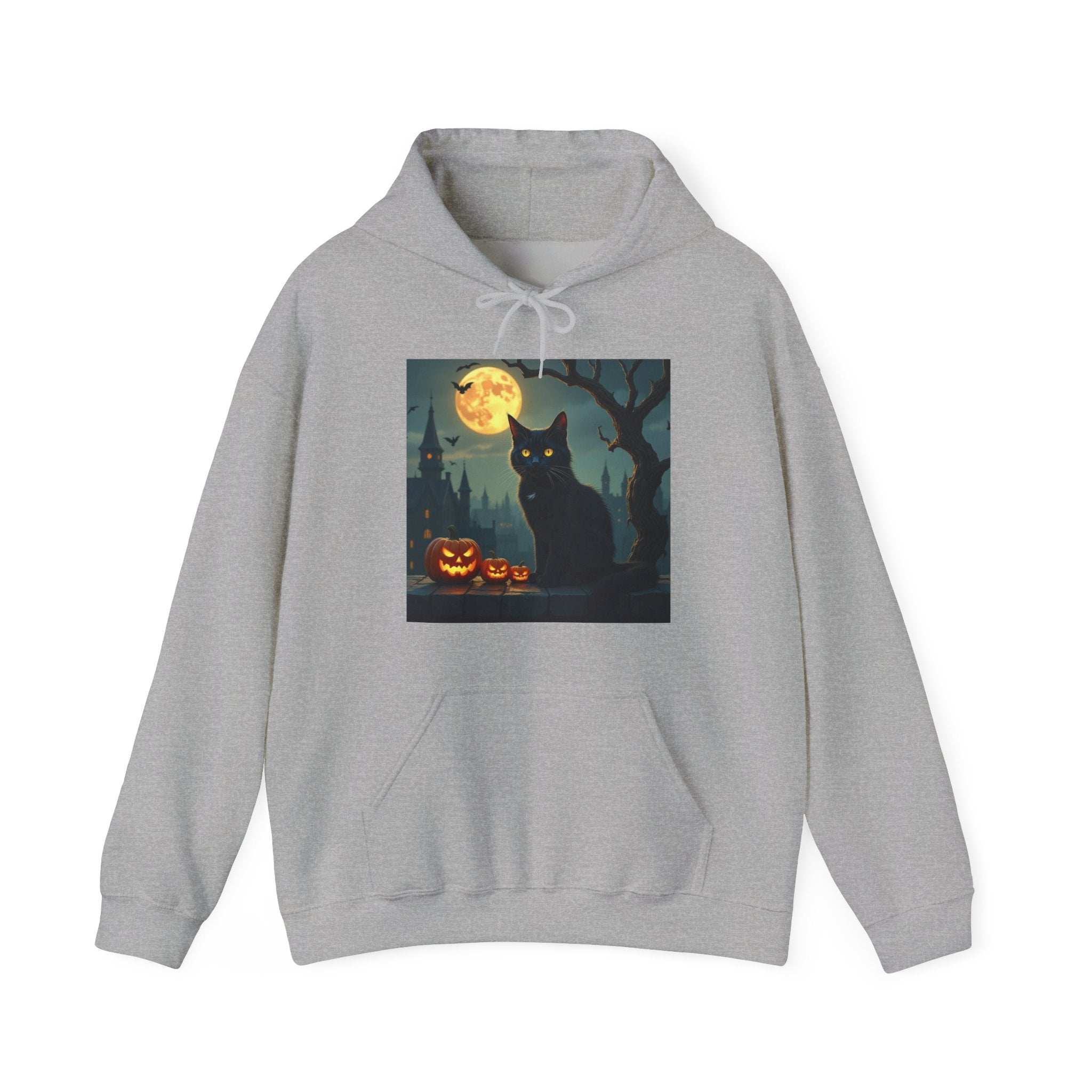 Gray hoodie with a Halloween-themed graphic of a black cat and pumpkins on a white background