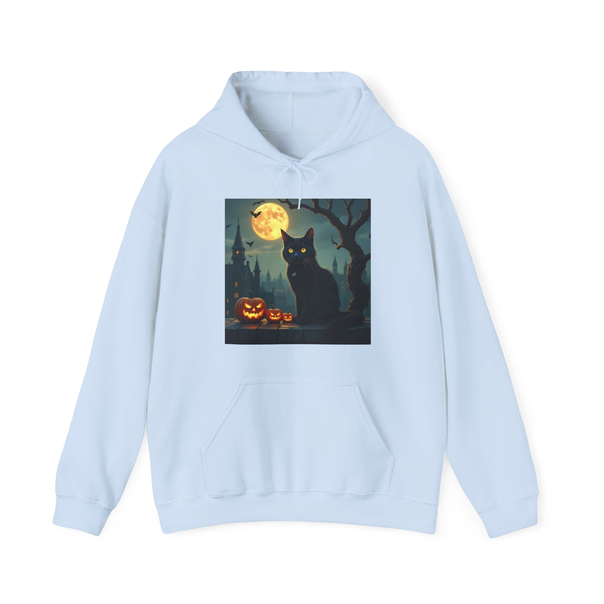 Light blue hoodie with a Halloween-themed graphic of a black cat, pumpkins, and a full moon on a white background.