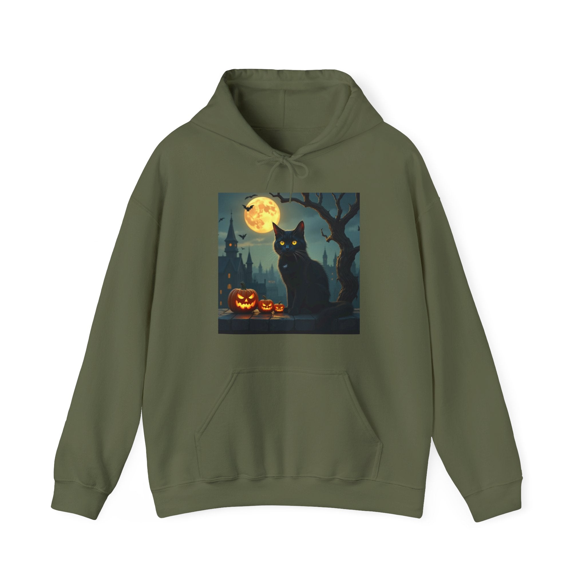 Military green hoodie with a Halloween-themed design featuring a black cat, pumpkins, and a full moon.