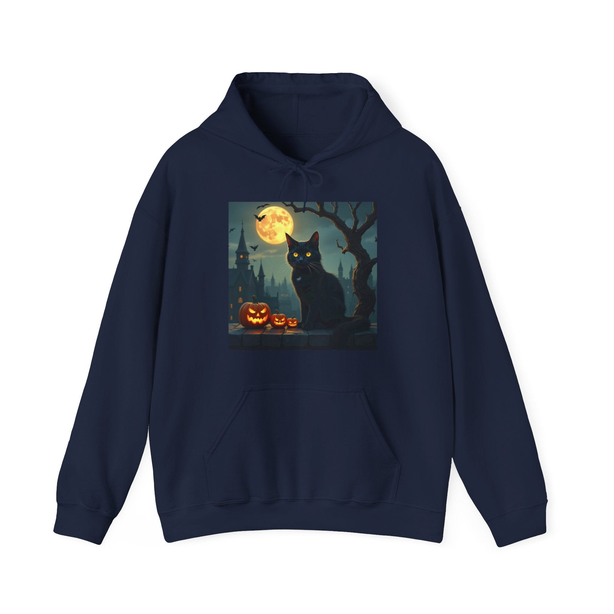 Navy blue hoodie with a Halloween-themed design featuring a black cat, pumpkins, and a full moon.