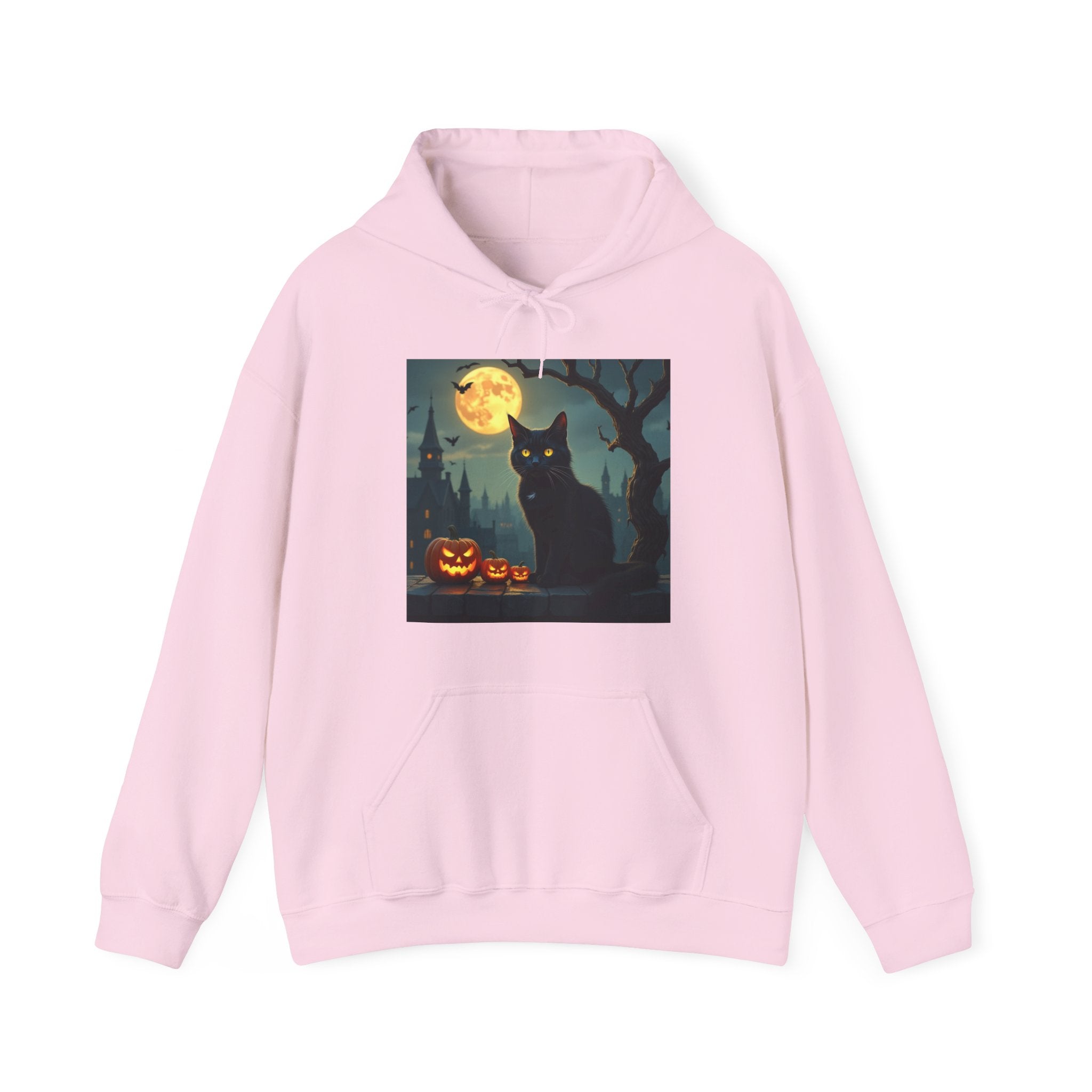 Pink hoodie with a Halloween-themed graphic of a black cat and pumpkins on a white background