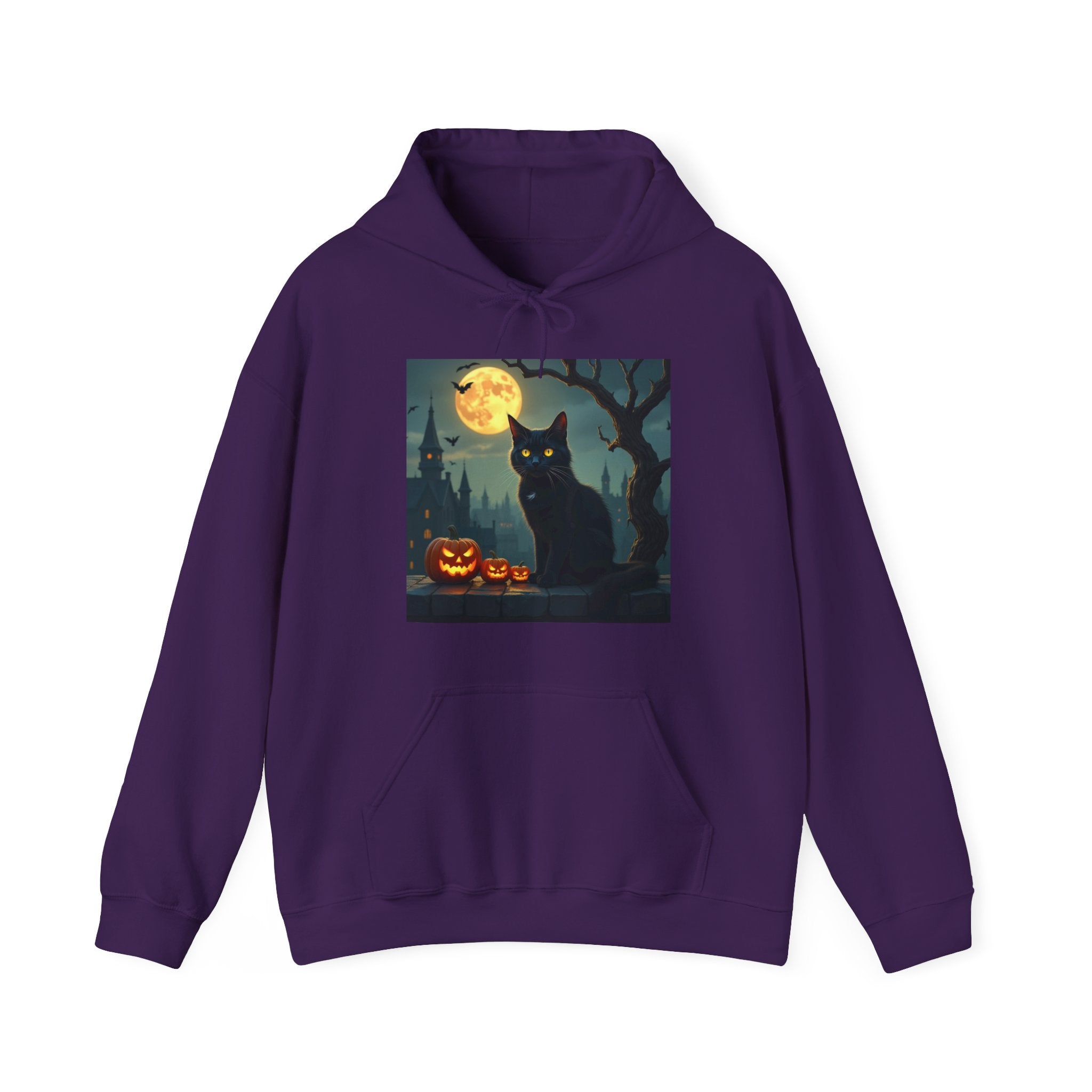 Purple hoodie with a Halloween-themed design featuring a black cat, pumpkins, and a full moon.