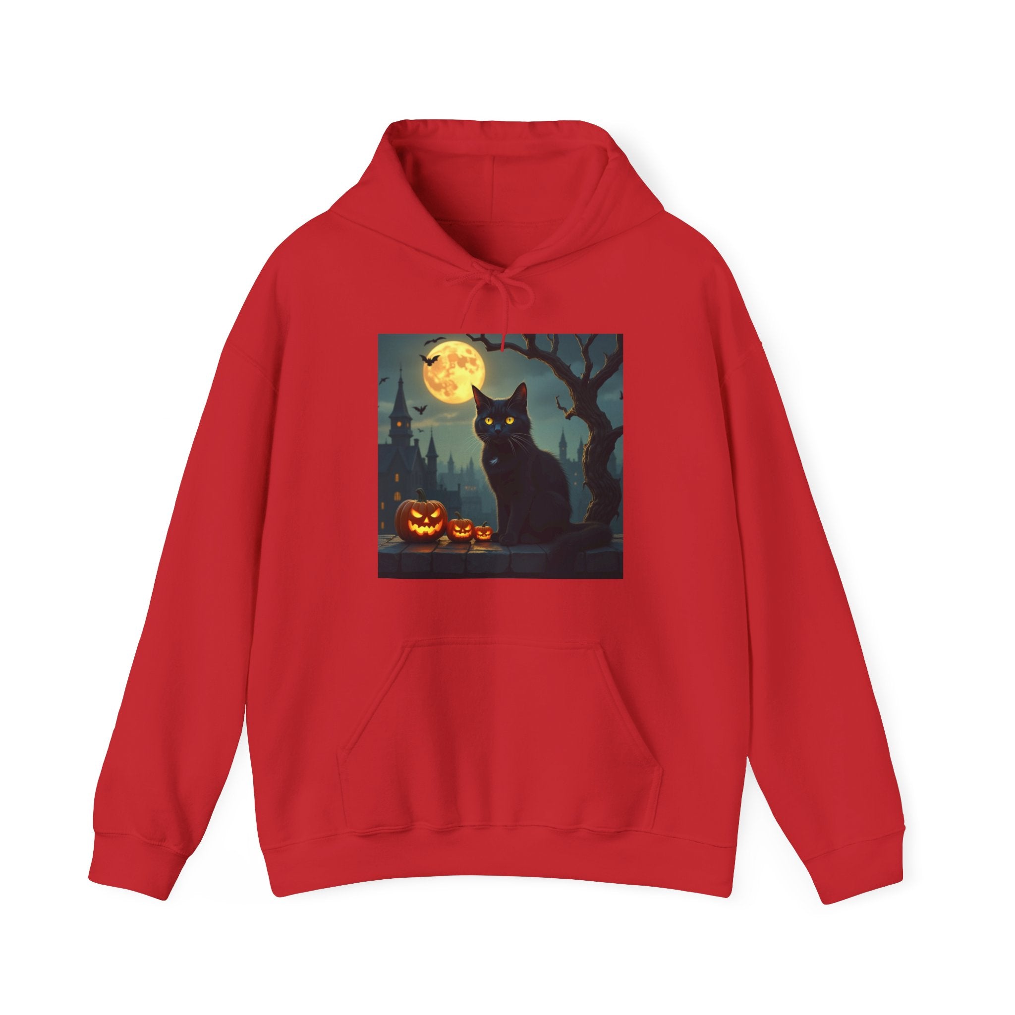 Red hoodie with a Halloween-themed graphic of a black cat and jack-o'-lanterns on a white background.