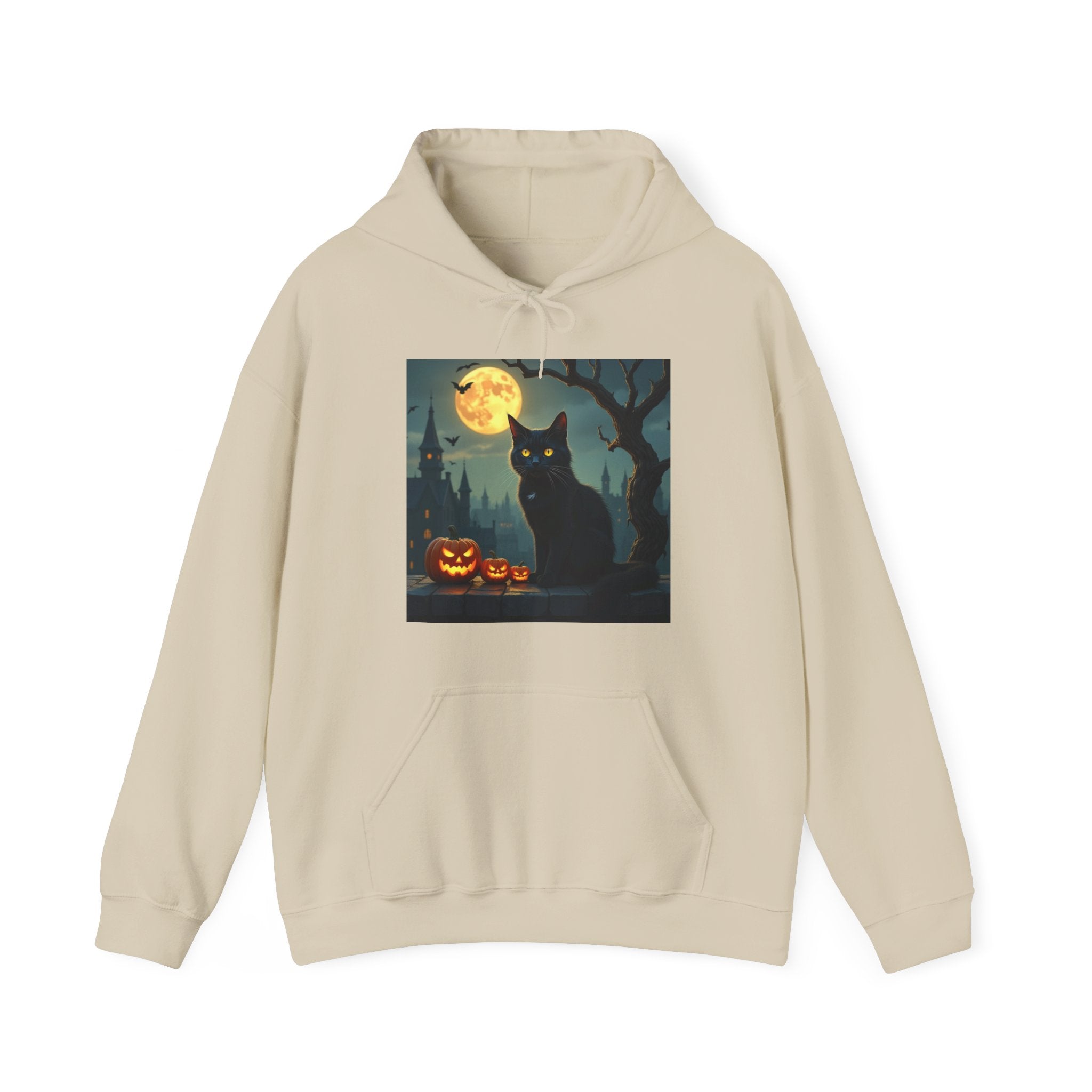 Beige hoodie with a Halloween-themed graphic of a black cat and pumpkins on a white background