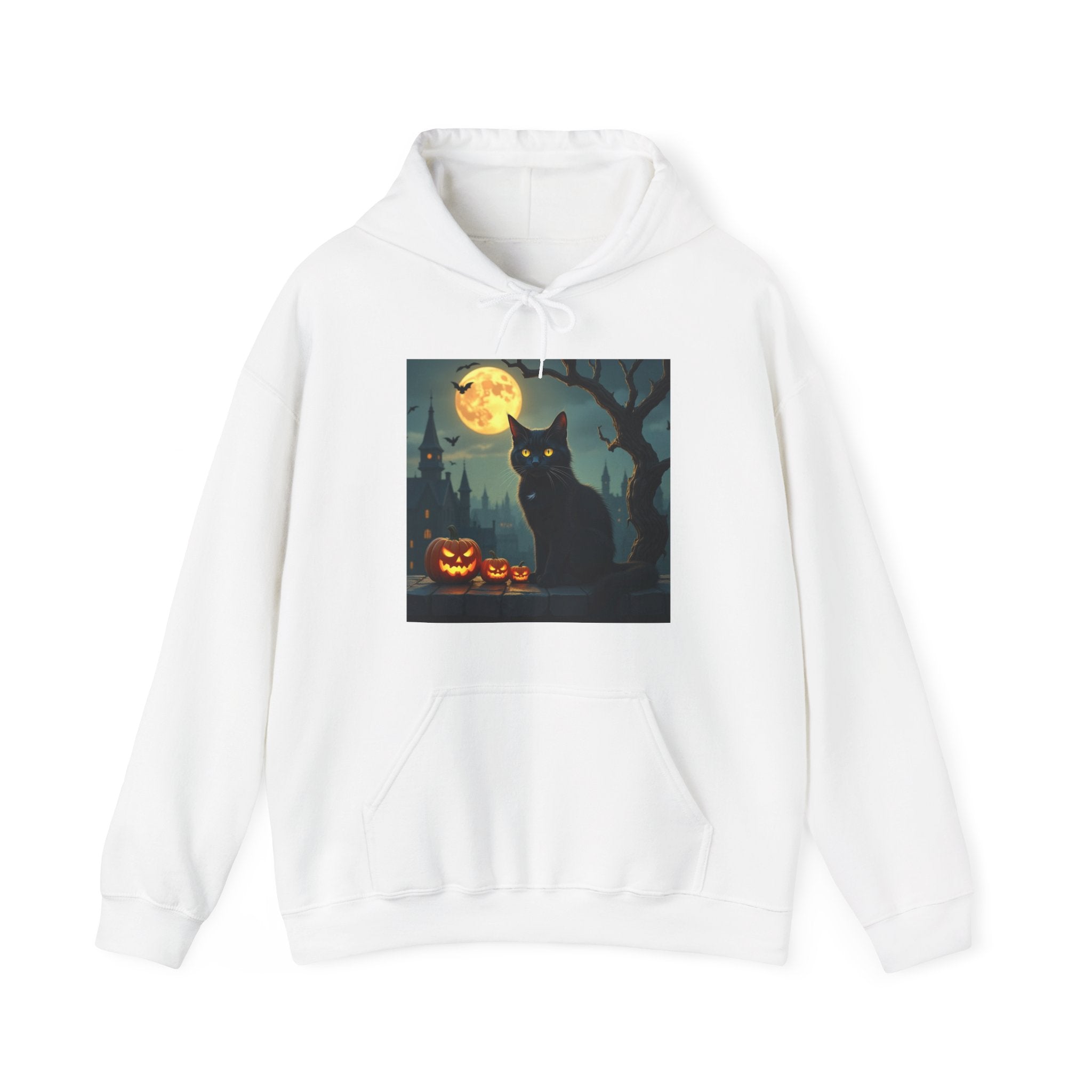 White hoodie with a Halloween-themed graphic of a black cat, pumpkins, and a full moon on a white background.