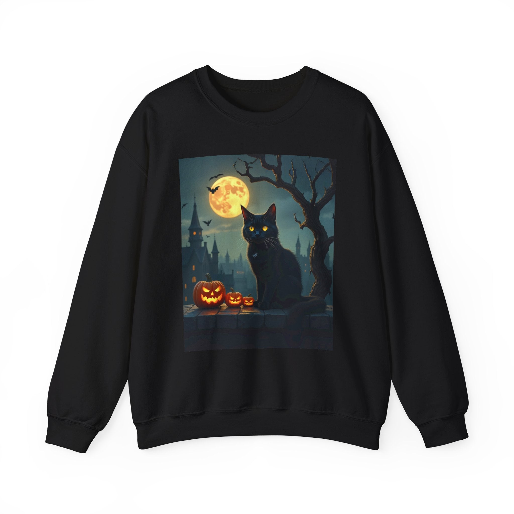 Black sweatshirt with Halloween design featuring a black cat, full moon, and pumpkins on a white background.